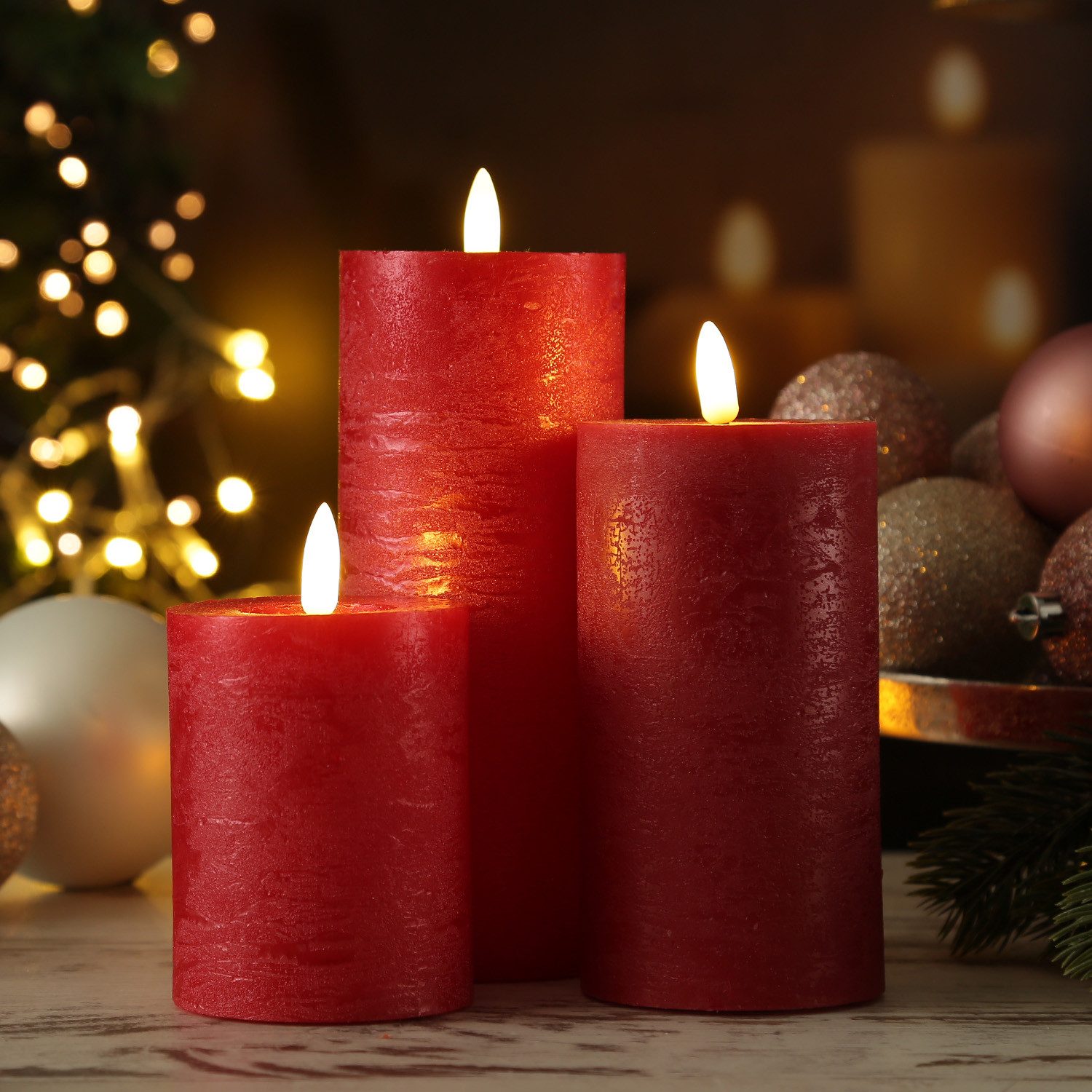 Adilina LED-Kerze Kerzenset LINA Rustik Optik für Adventskranz 3 Größen Timer rot 3St (3-tlg)