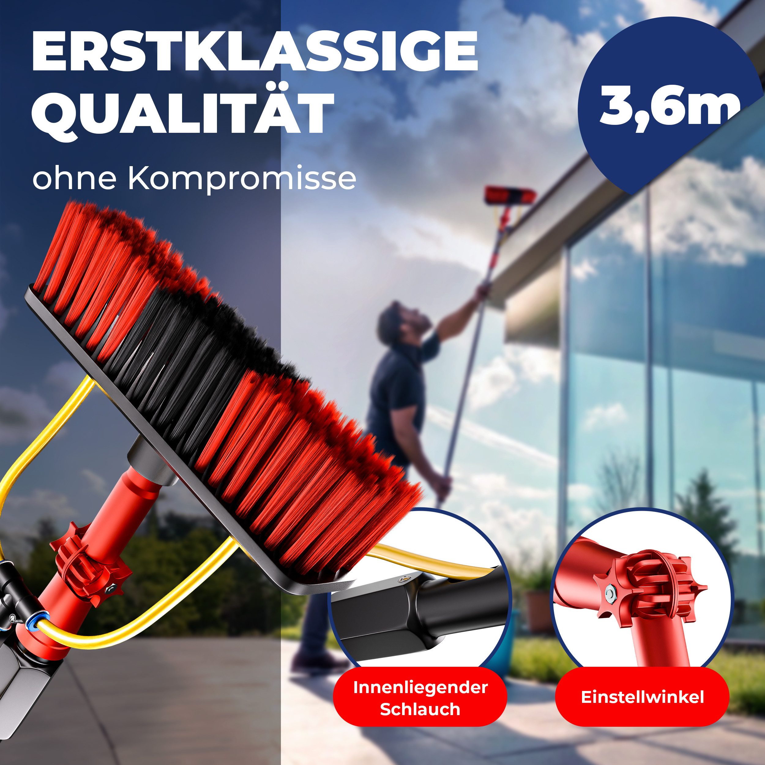 BoomDing Reinigungsbürste Teleskopstange mit Wasseranschluss 3,6, 4,6 oder 7 Meter mit Bürste, Reinigung von, PV Anlage, Wintergarten, Terrasse, Solaranlage, Photovoltaik, (Solaranlage reinigen), Innenliegender Schlauch