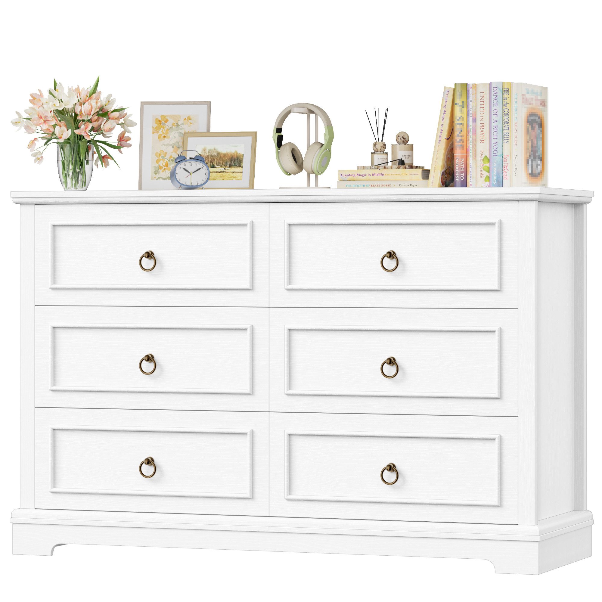 HOMECHO Kommode, Weiß mit 6 Schubladen, 120cm Breit Komodenschrank Sideboard