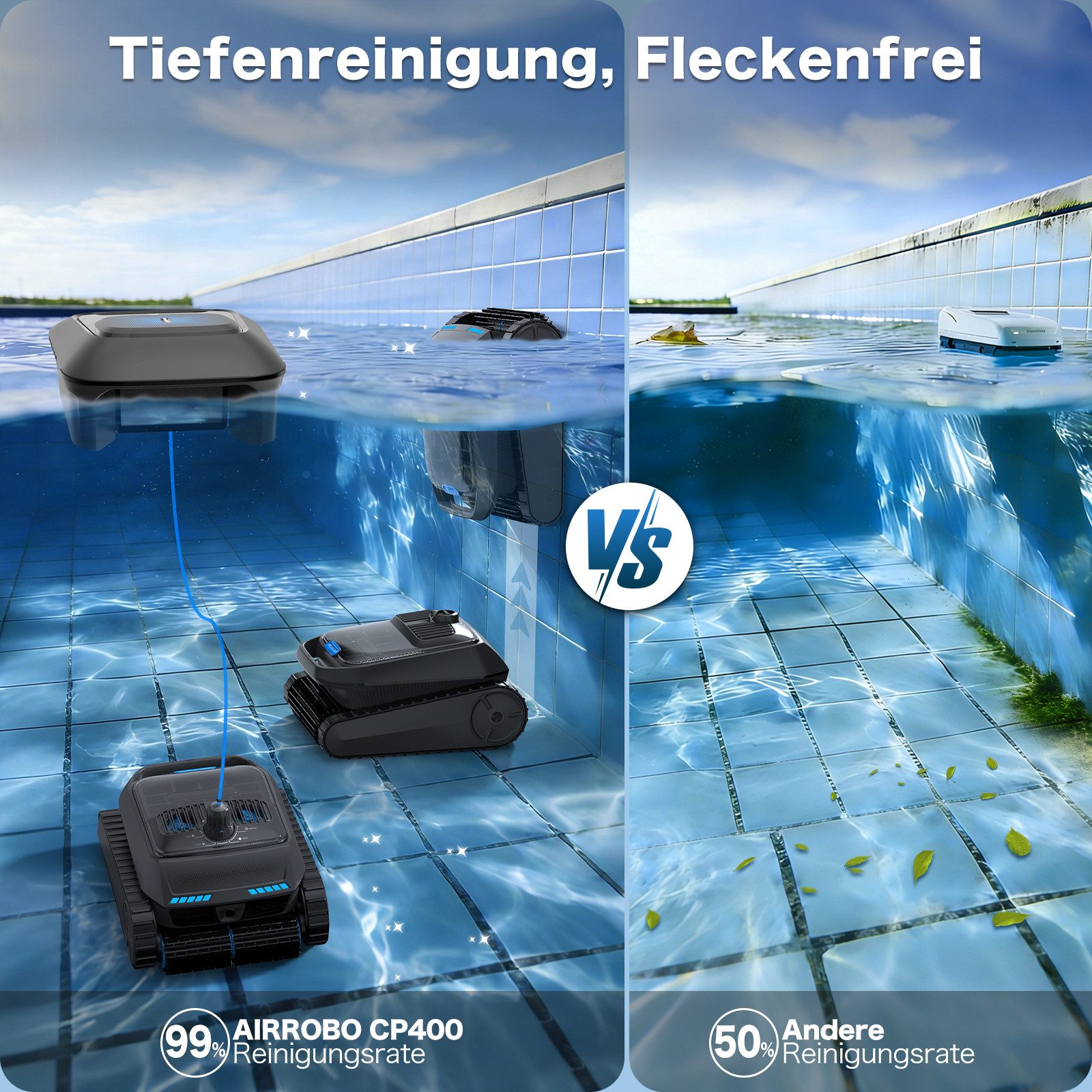AIRROBO Poolroboter (2026Upgrade)kabelloser Poolroboter starker automatischer Poolreiniger, (Geeignet für die Reinigung von Böden, Wänden, Wasserlinie und Wasseroberflächen, Geeignet für die meisten Schwimmbäder), 4 Motoren,Die Komplettlösung für die Poolreinigung,Zwei Jahre Garantie