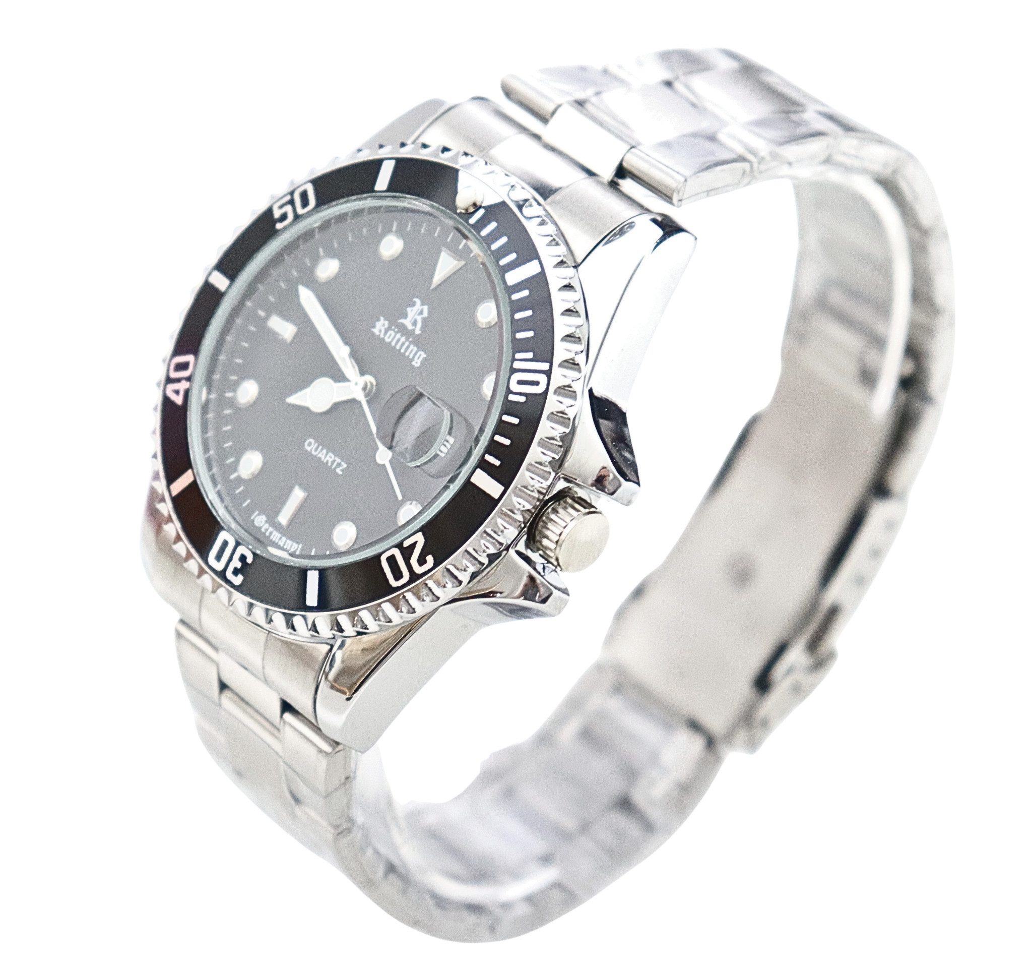 Rötting Design Quarzuhr Herrenuhr schwarze Lünette zum Drehen schwarzes Ziffernblatt, Datumsanzeige