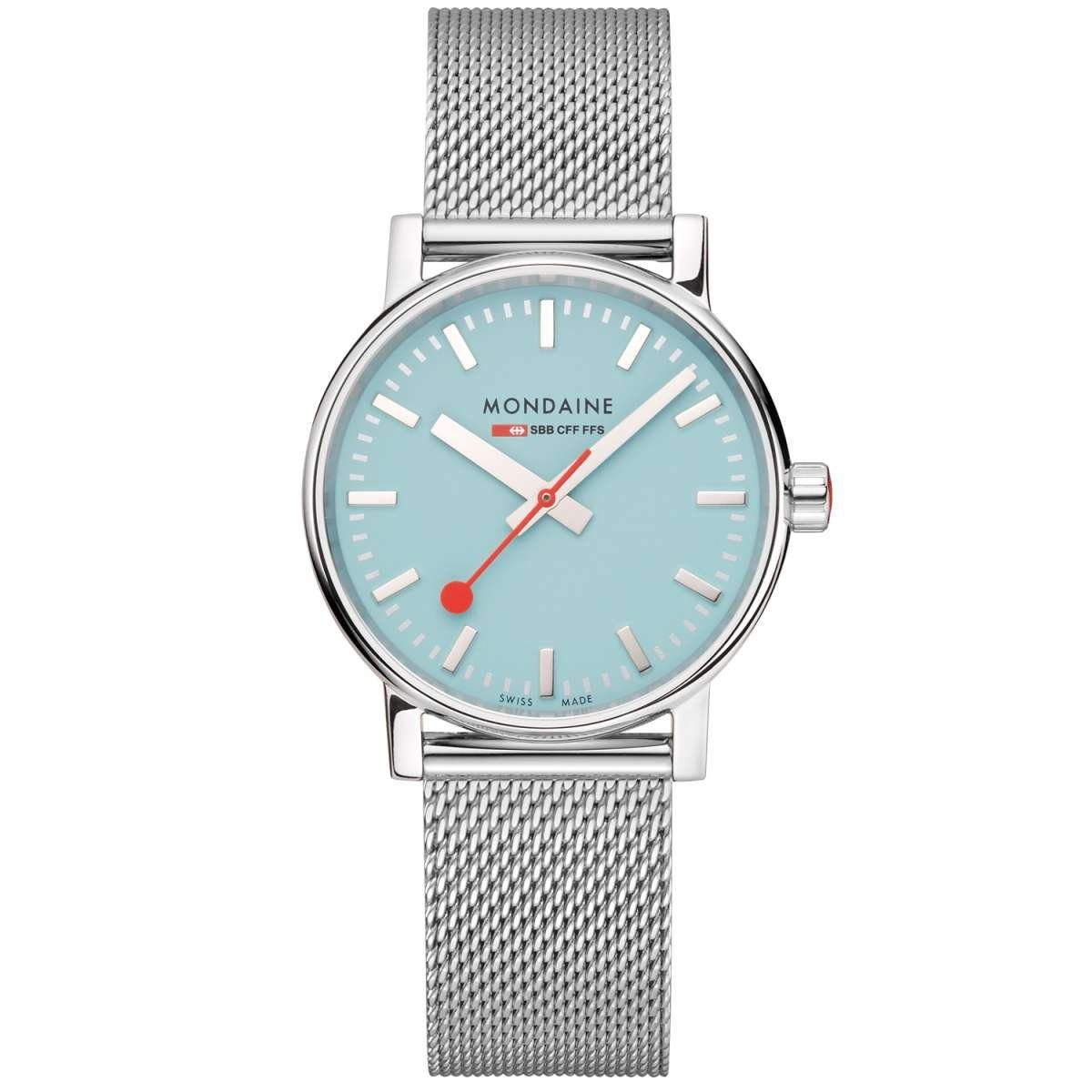 MONDAINE Quarzuhr vo2 Hellblau 35 mm, Bekannt für ikonisches Design mit dem  typischen Bahnhofsuhr-Stil