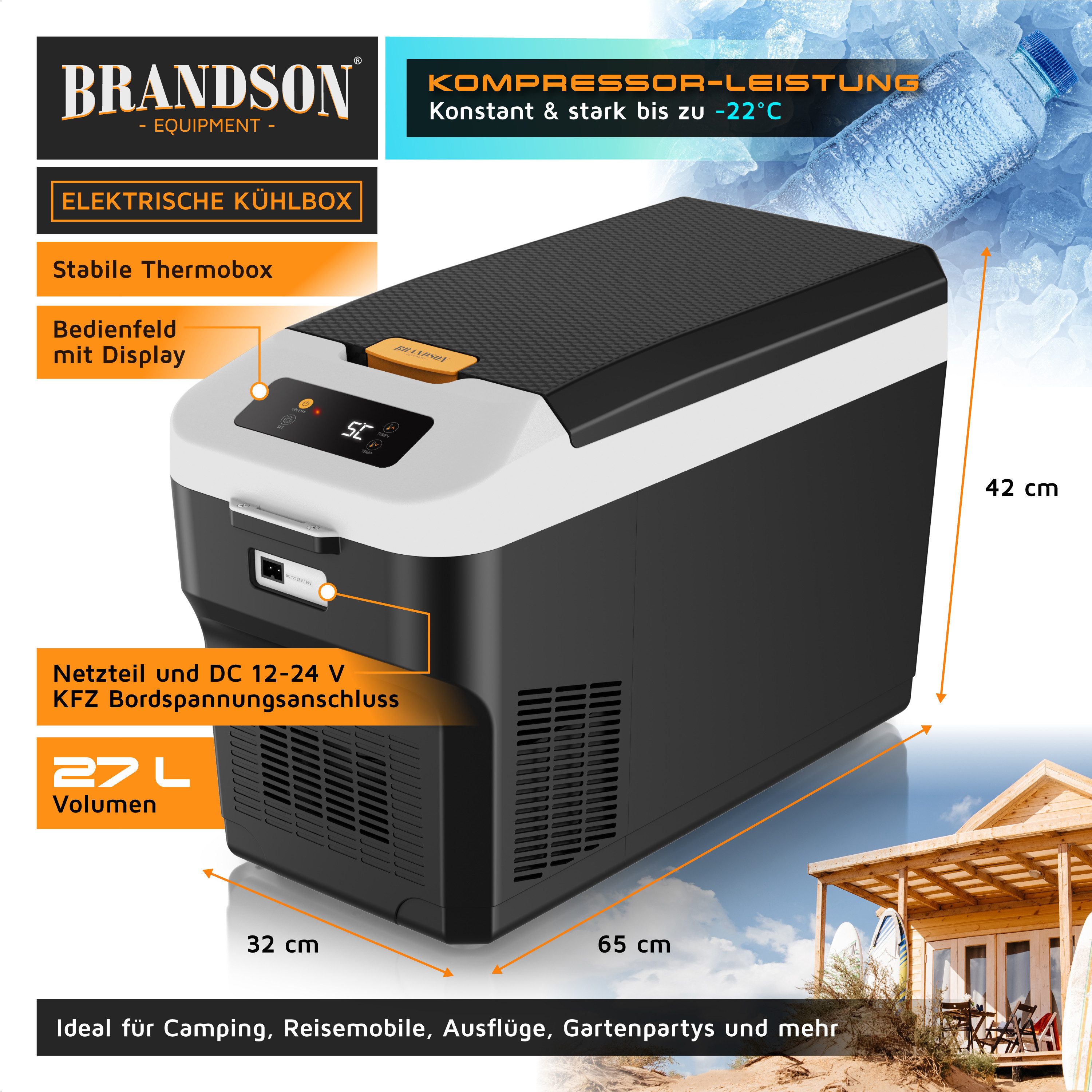 Brandson Elektrische Kühlbox Kompressor Kühlbox, bis – 22°C, ECO Modus, 27 L, für Auto & Haus, 27 l, 12–24 V Auto, 230 V Haus, Batteriewächter, zwei Fächer