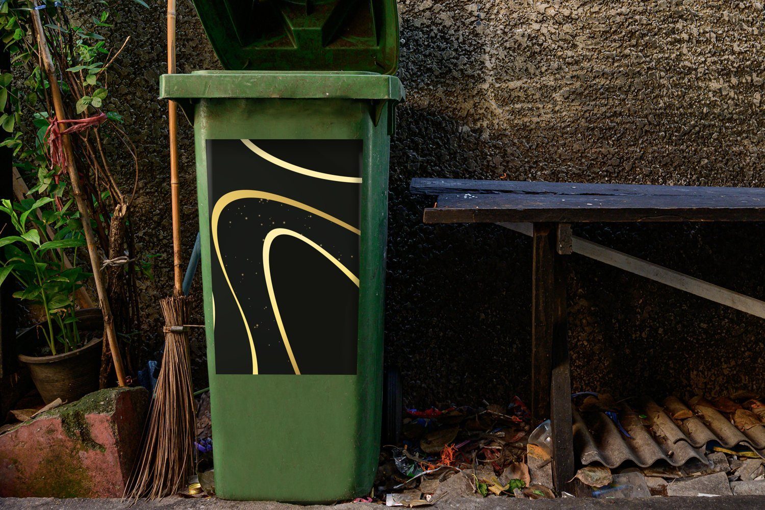 MuchoWow Wandsticker Goldene Wellen (1 Mülleimer-aufkleber, Container, Sticker, Mülltonne, Hintergrund schwarzem auf Abfalbehälter St)