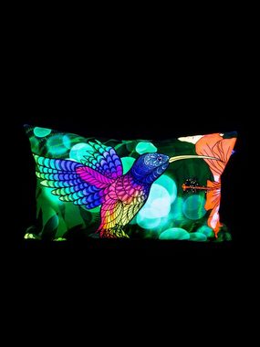 PSYWORK Dekokissen PSYWORK Schwarzlicht Kissen Neon "Kolibri Hibiskus Flower", 30x50cm, UV-aktiv, leuchtet unter Schwarzlicht