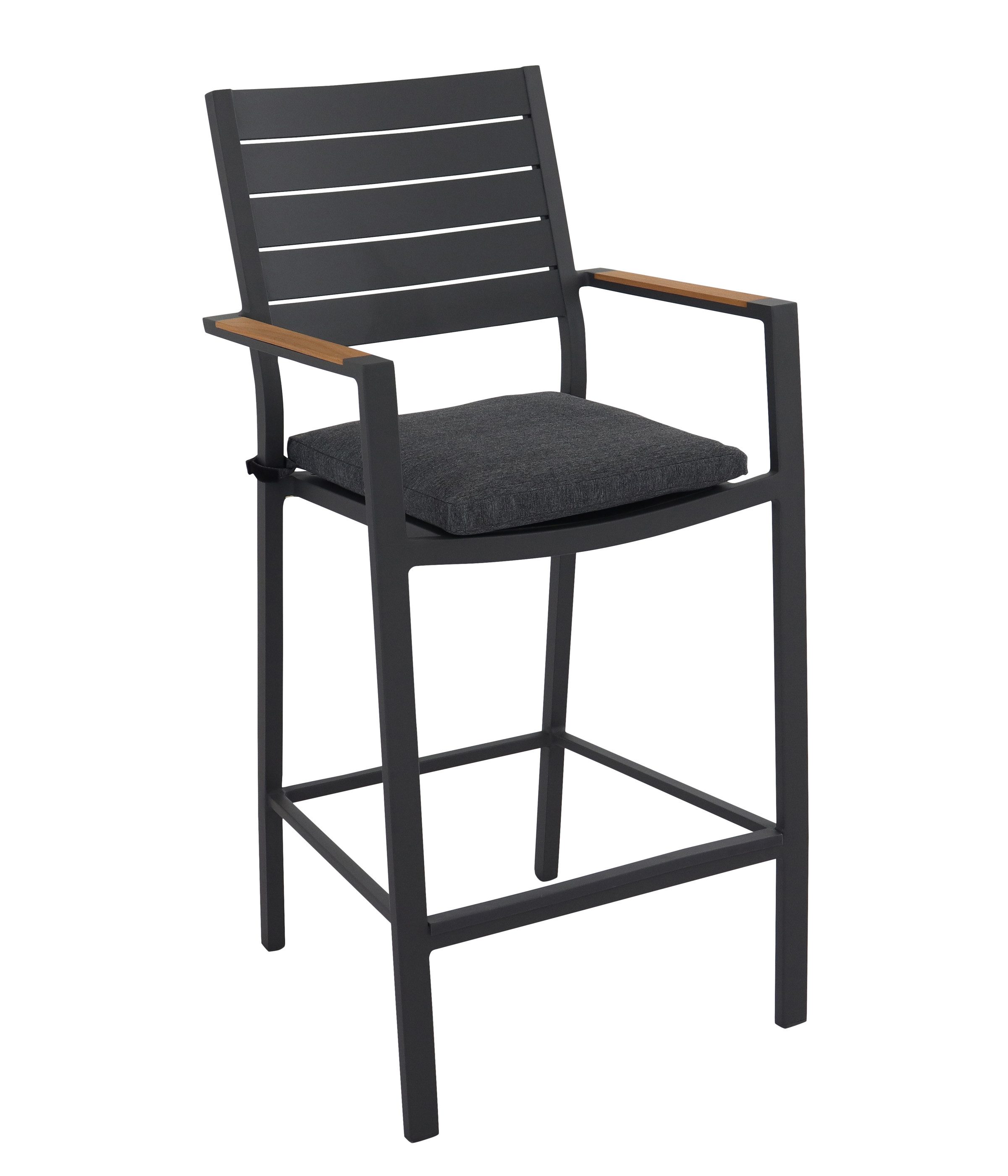 Dehner Gartenstuhl Barstuhl Montpellier, für Stehtische, 56.5 x 55.5 x 113 cm, dunkelgrau, langlebiges Alugestell, FSC®-zertifiziertes Teakholz. inkl. Sitzkissen