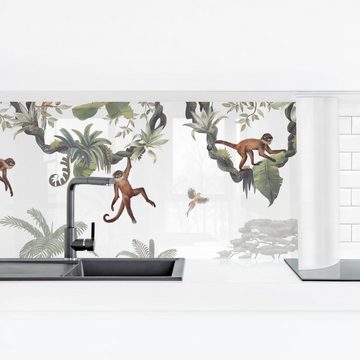 Bilderdepot24 Küchenrückwand weiß grün Tropisch Tiere Freche Affen in tropischen Kronen, (1-tlg., Nischenrückwand - für Fliesenspiegel ohne Bohren - matt), Spritzschutz Rückwand Küche Herd - Folie selbstklebend versch. Größen
