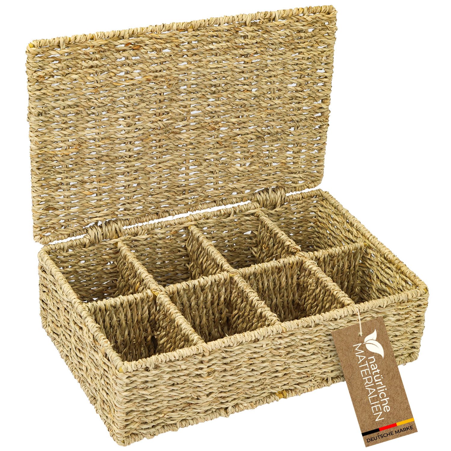 HMF Teebox Teebox für Teebeutel geflochten aus Seegras, Seegras, Tee Aufbewahrungsbox mit 8 großen Fächern, 33 x 21 x 10 cm