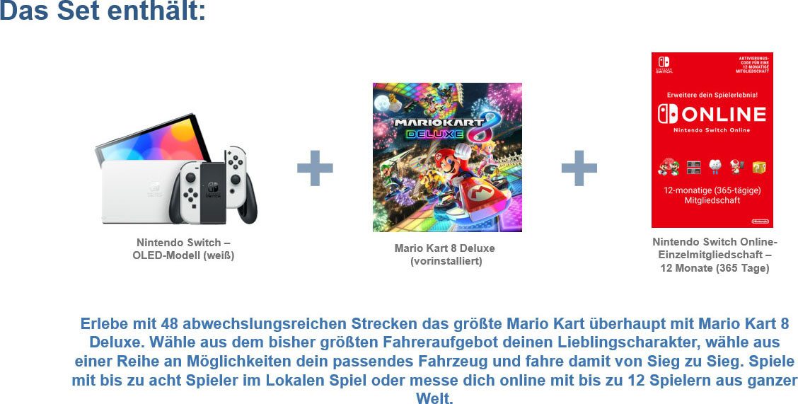 Nintendo Switch Switch OLED + Mario Kart 8 Deluxe + 12-monatige Einzelmitgliedschaft, + 12 Monate Nintendo Switch Online