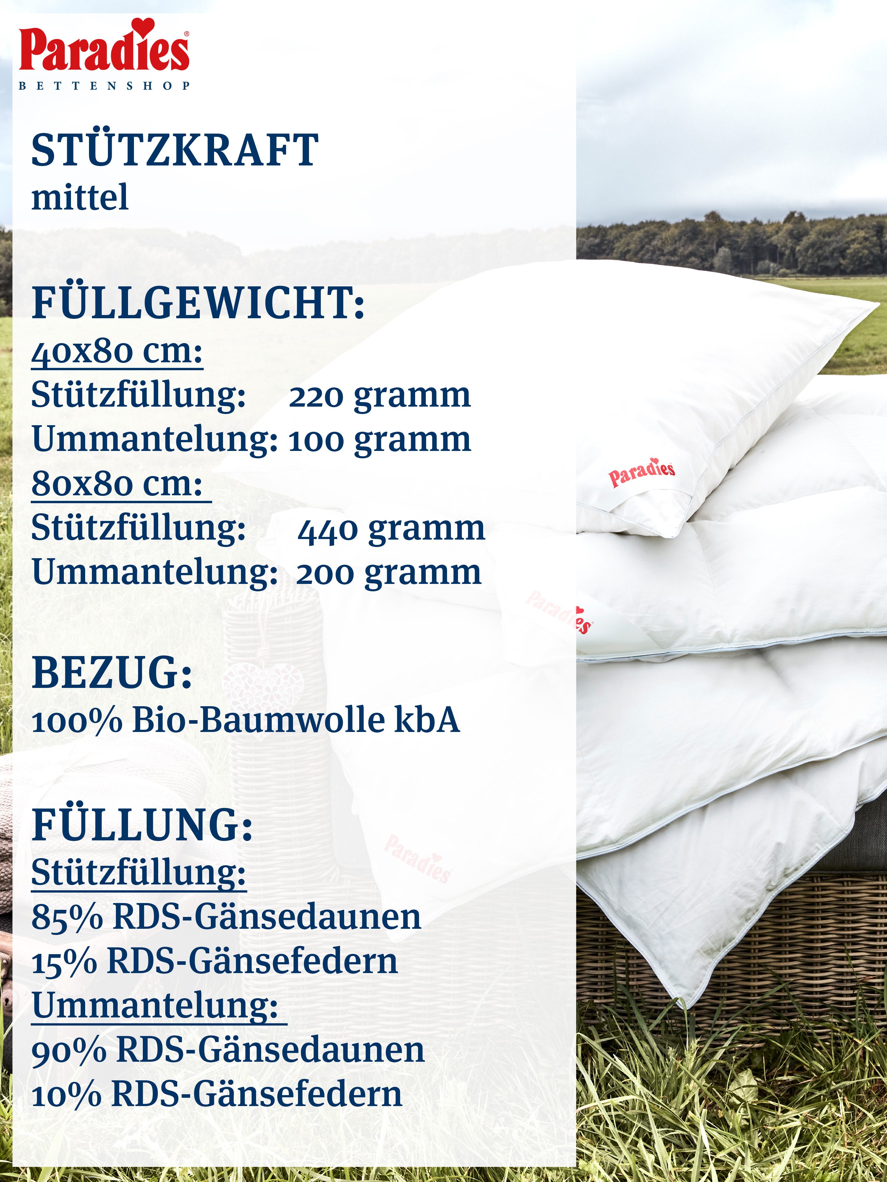 Paradies 3-Kammer-Kopfkissen Abbie Bio, Füllung: Außenkammer: 90% Daunen, 10% Federn Innenkammer: 85% Federn, 15% Daunen, Bezug: 100% Bio-Baumwolle, Seitenschläfer, Rückenschläfer, Bauchschläfer, Drei Kammer Kissen in 40x80, 80x80, mittlere Stützkraft & kuschelig