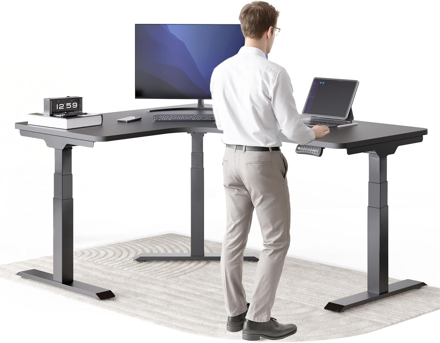 DESKSPACE Eckschreibtisch Eck Steh-Sitz Schreibtisch elektrisch verstellbar mit Speicherfunktion, ergonomisches Steh-Sitz-System, leiser Motor unter 50 dB
