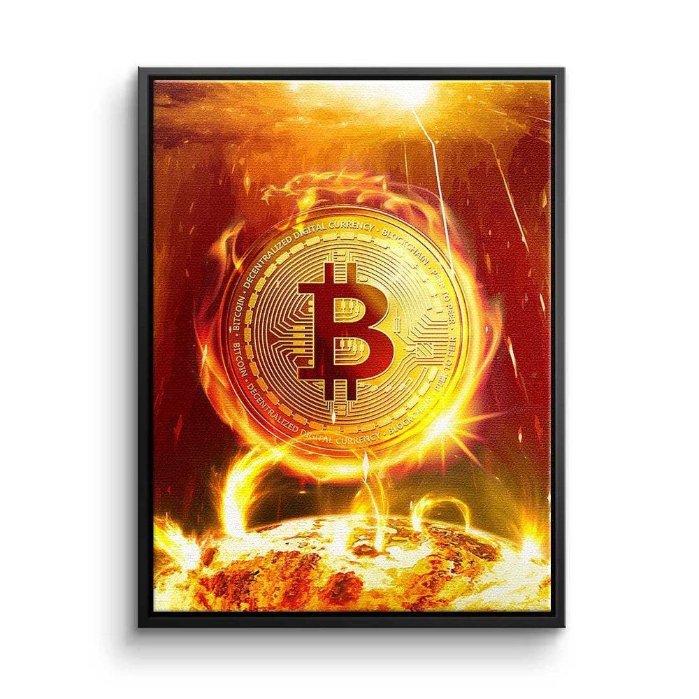 DOTCOMCANVAS® Leinwandbild Bitcoin on Fire, Premium Leinwandbild - Crypto - Bitcoin on Fire - Trading - Motivatio schwarzer Rahmen | Leinwandbilder