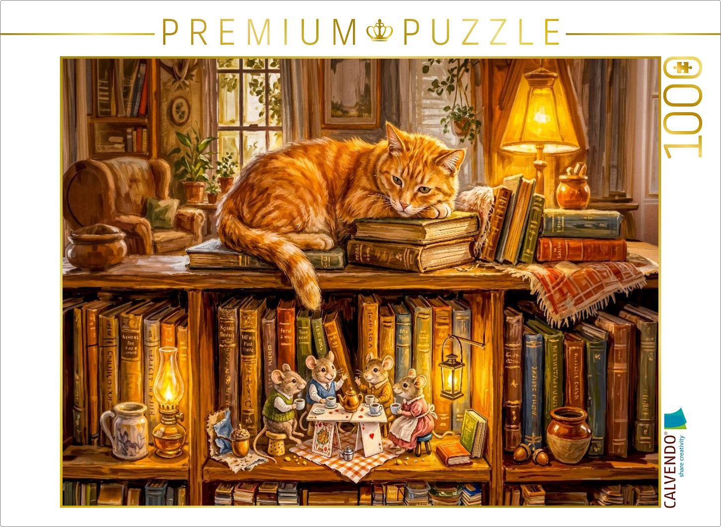 CALVENDO Puzzle CALVENDO Puzzle Schlafende Katze und Mäuse beim Abendkränzchen als Puz, 1000 Puzzleteile