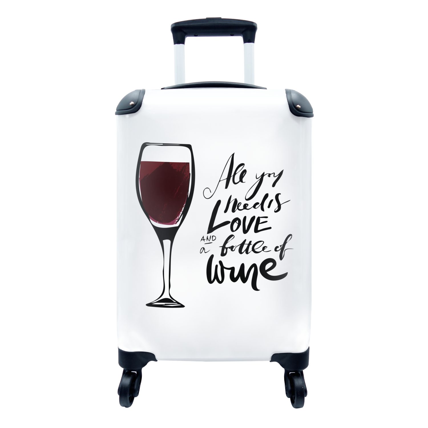 MuchoWow Handgepäckkoffer Wein Zitat "all you need is love and a bottle of wine" mit Weinglas, 4 Rollen, Reisetasche mit rollen, Handgepäck für Ferien, Trolley, Reisekoffer