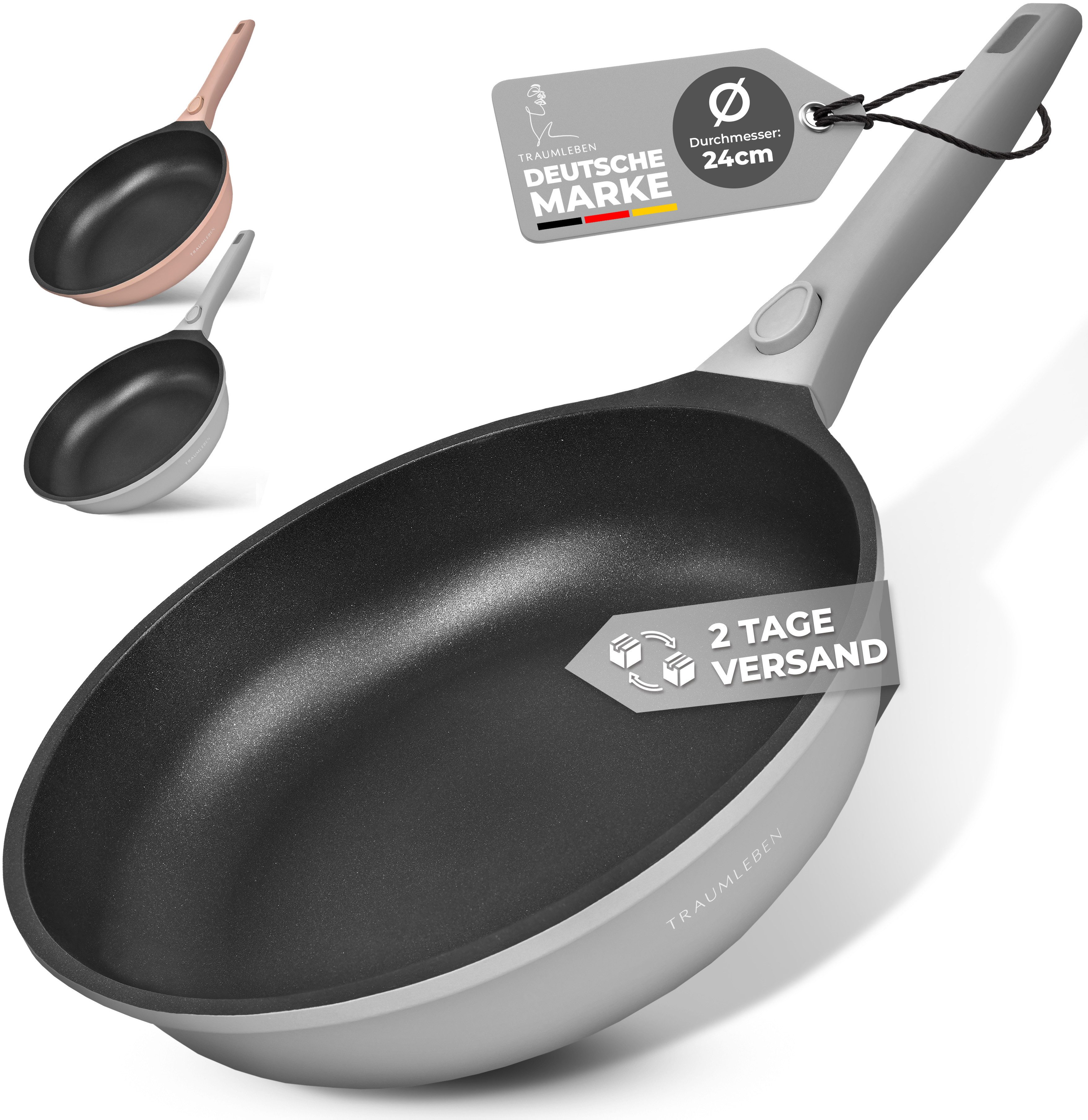 TRAUMLEBEN Bratpfanne Antihaftbeschichtung, Induktion, abnehmbarer Griff, backofenfest, Aluminium, Beschichtete Pfanne