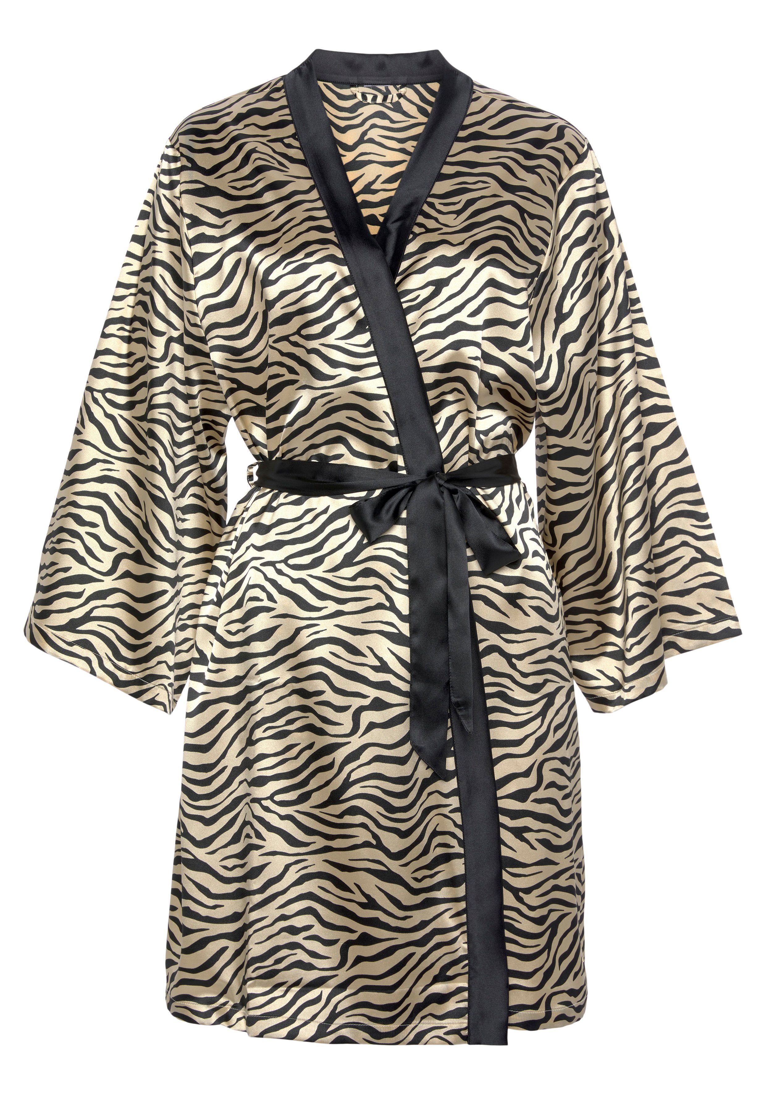 Buffalo Kimono, Kurzform, Animal-Print Satin, Gürtel, tiger-Print mit Kimono-Kragen, schönem