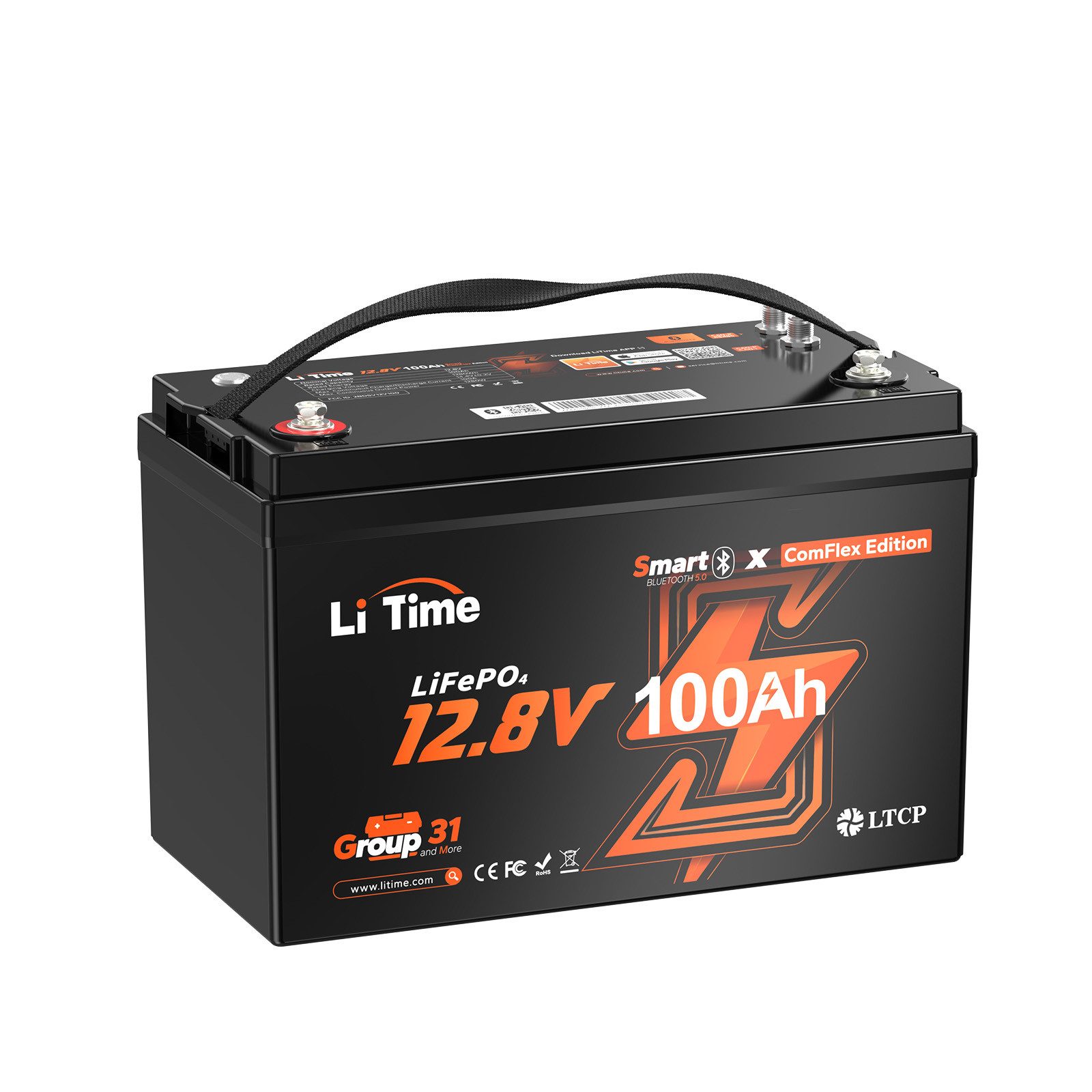 LiTime 12V 100Ah Smart ComFlex Batterie mit Bluetooth & Victron-Kommunikation Solarakkus (12 V), Geeignet für PV-Anlage vom Wohnmobil, Notstrom, Boot