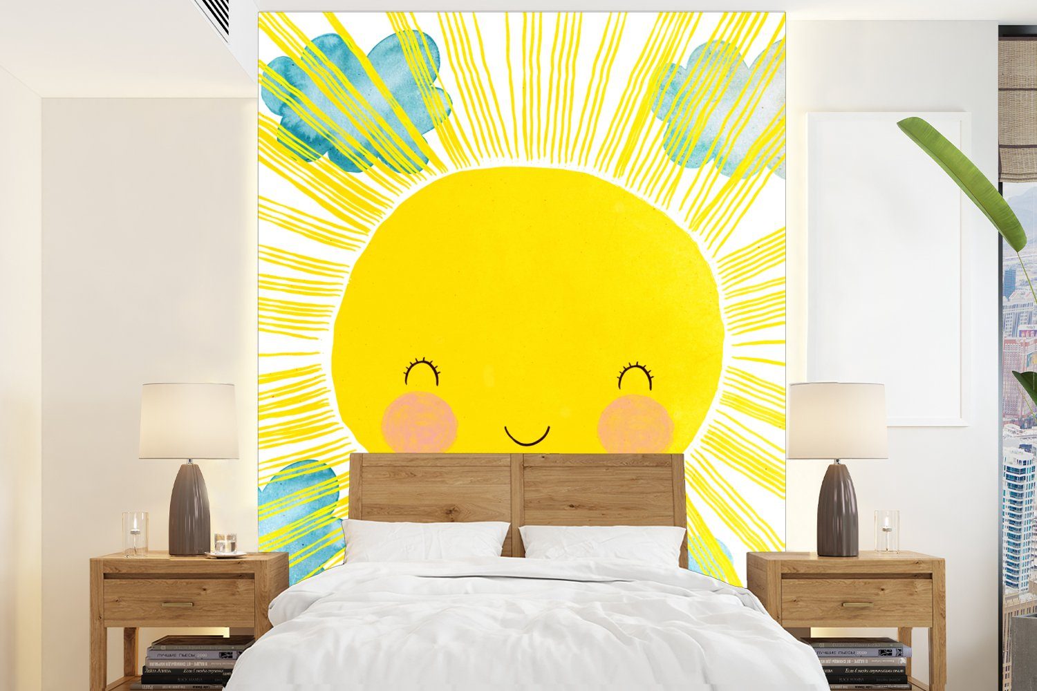 MuchoWow Fototapete Sonne - Gelb - Kinder - Illustration, Matt, bedruckt, (4 St), Montagefertig Vinyl Tapete für Wohnzimmer, Wandtapete