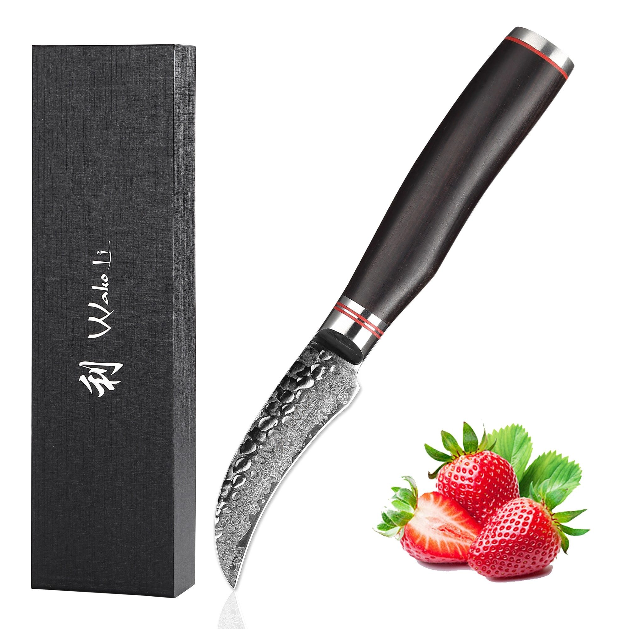 Wakoli Obstmesser EBO Damastmesser I 8 cm Klinge I schwarzer Eichenholzgriff