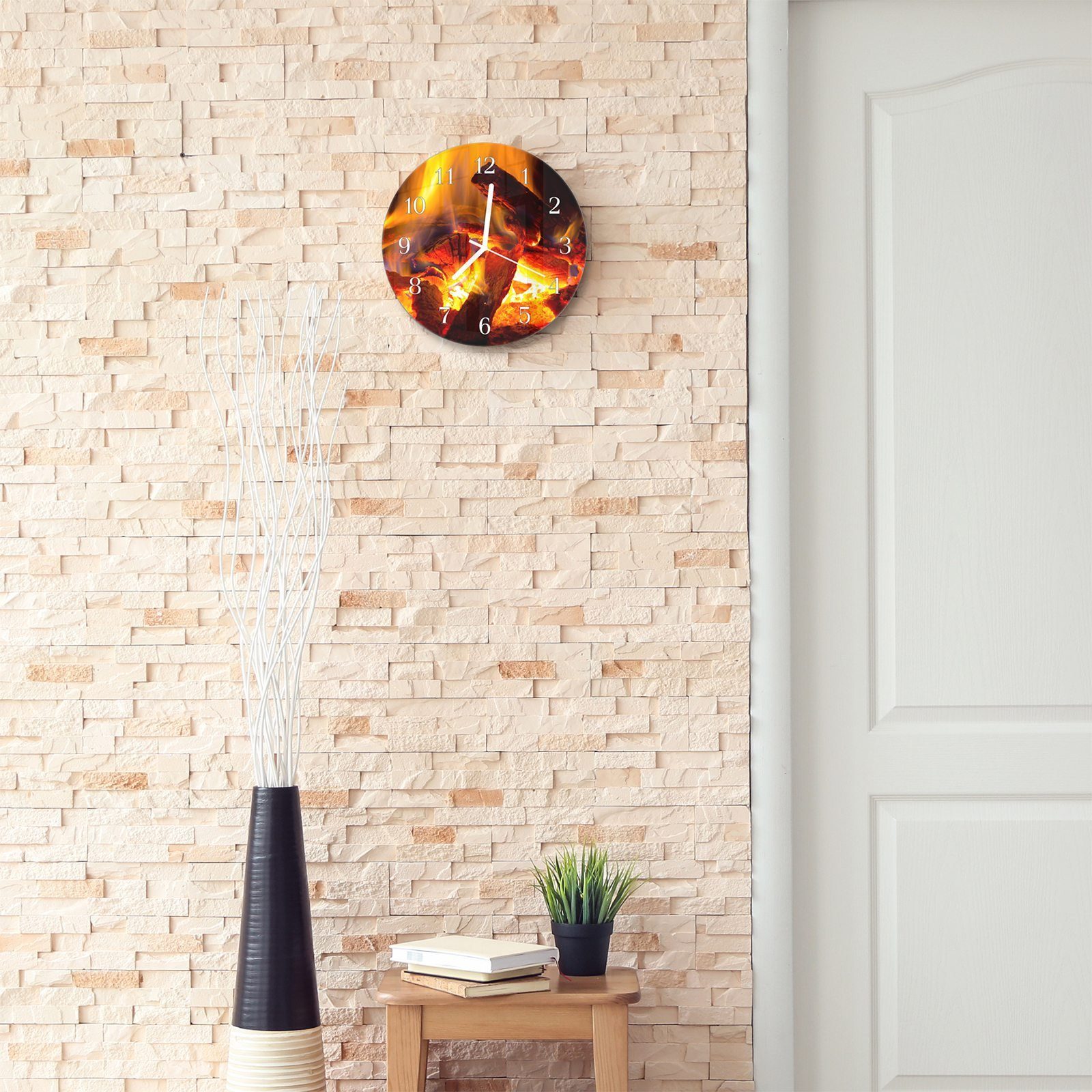 Primedeco Wanduhr Wanduhr aus - Glas Feuer Durchmesser Flammen Quarzuhrwerk im 30 mit Motiv Rund mit cm und