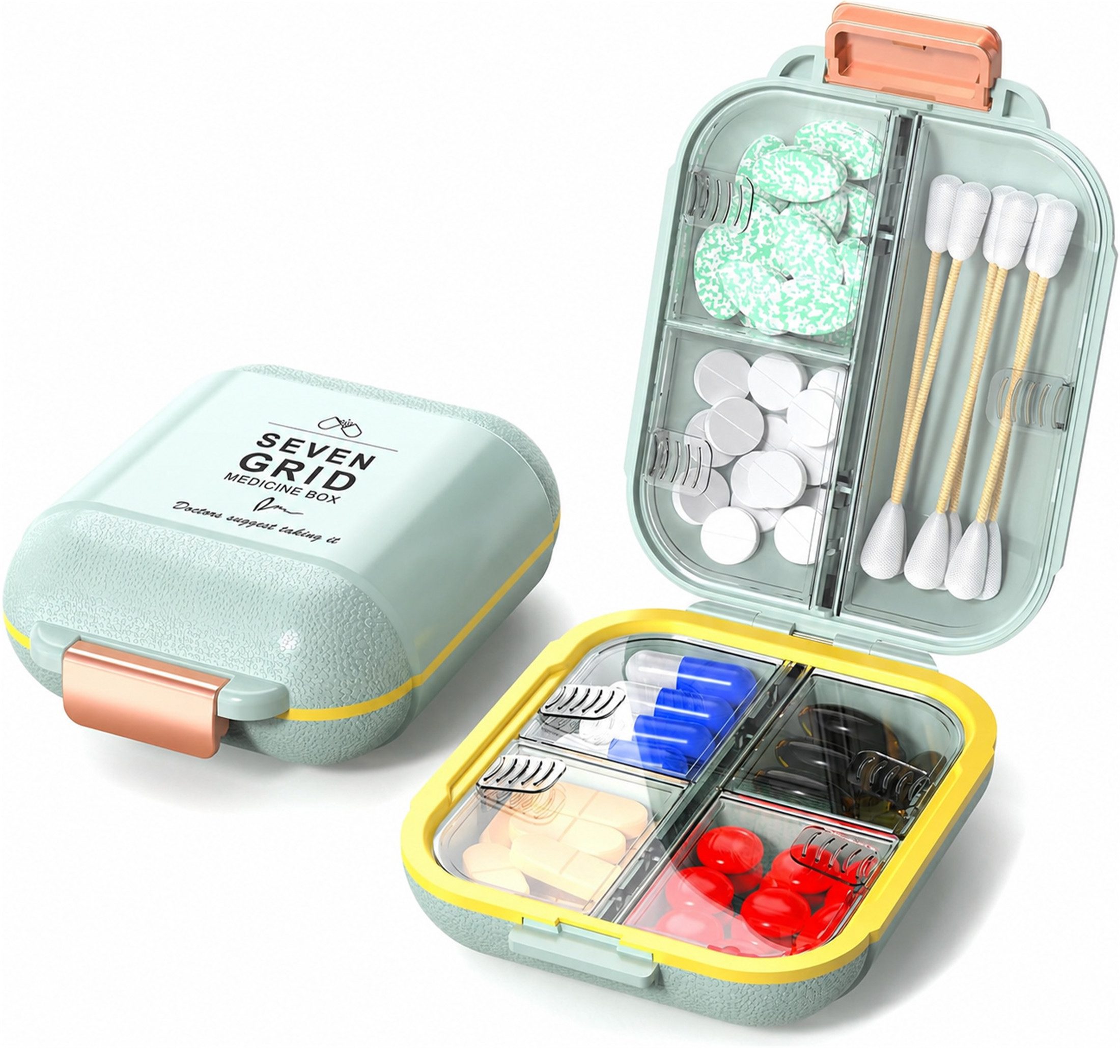 Luckice Pillendose 7-Fach Tabletenbox, Vitamin-Organizer, Reise-Pillendose (mit Dichtungsring, BPA-frei, kompakt, Medikamentenbox Pillendose mit großen Fächern), für Medikamente, Vitamine, Fischöl & Nahrungsergänzungsmittel