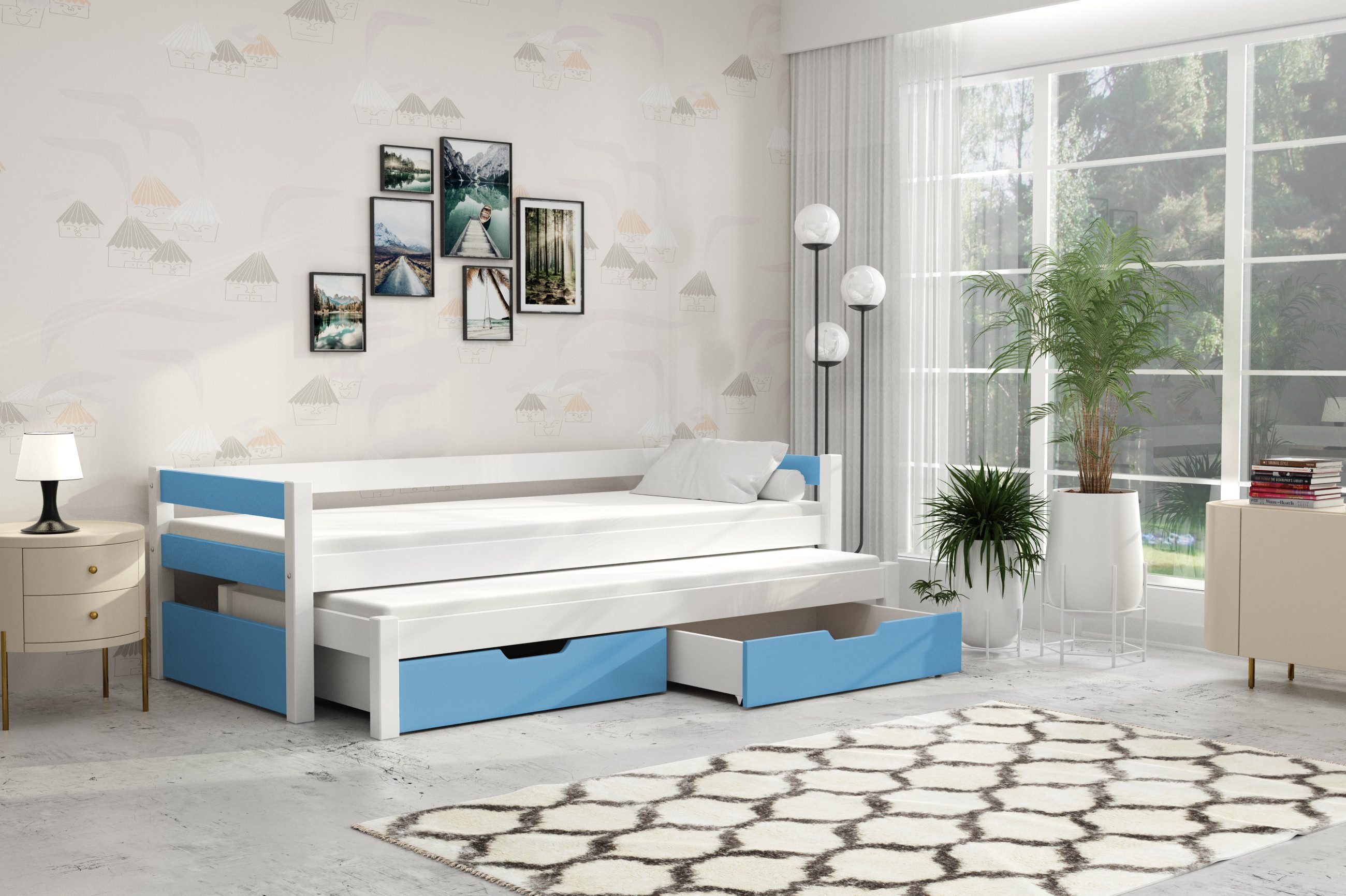 thematys Kinderbett mit Ausziehbett 2 Schubladen 90x200cm inkl. 2 Matratzen - Jugendbett (MADE IN EU-in weiß, blau, rosa, grün, schwarz, grau, für Jungen und Mädchen + inkl. 2 Matratzen), Kinderbett aus Kiefernholz