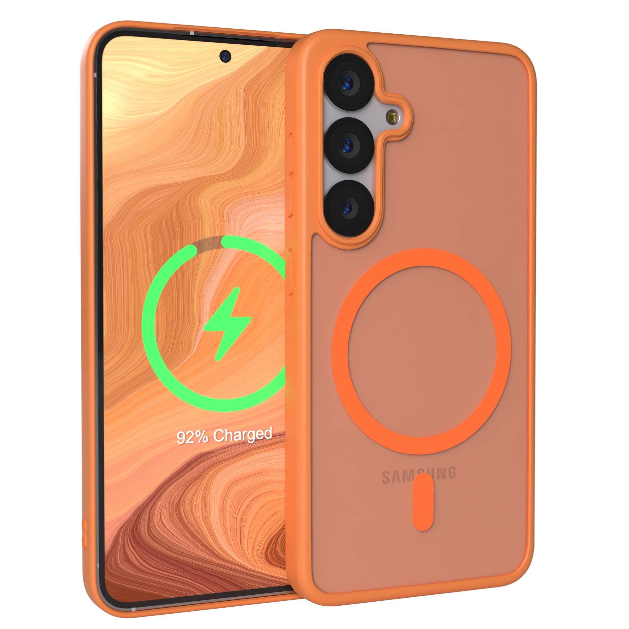 EAZY CASE Handyhülle Outdoor Case MagSafe für Samsung Galaxy S25 6,2 Zoll, Outdoor Case Handyhülle mit MagSafe Bumper leuchtend Orange