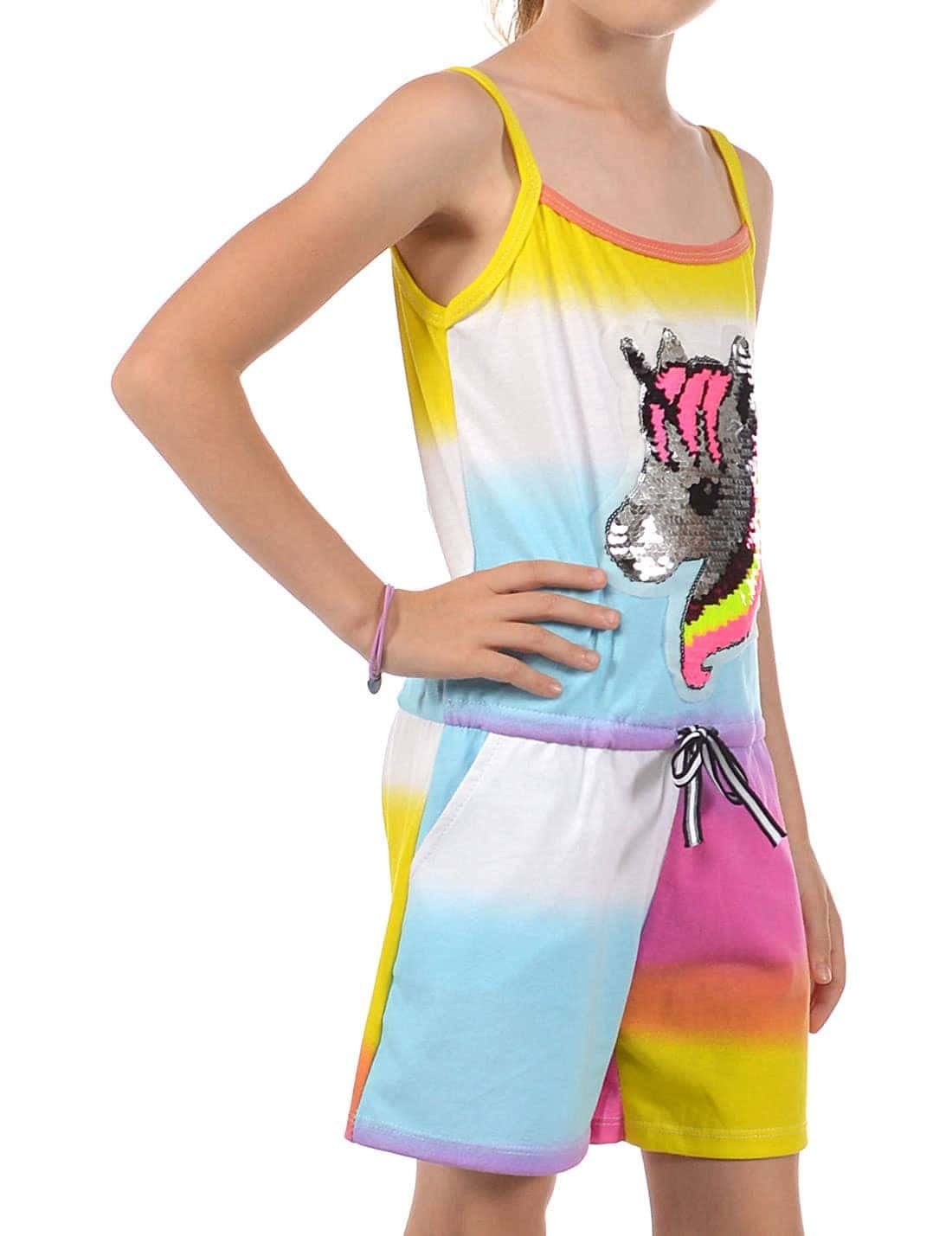 KMISSO Jumpsuit Mädchen Jumpsuit kurz Wendepailletten Einhorn (1-tlg) elastischer Bund