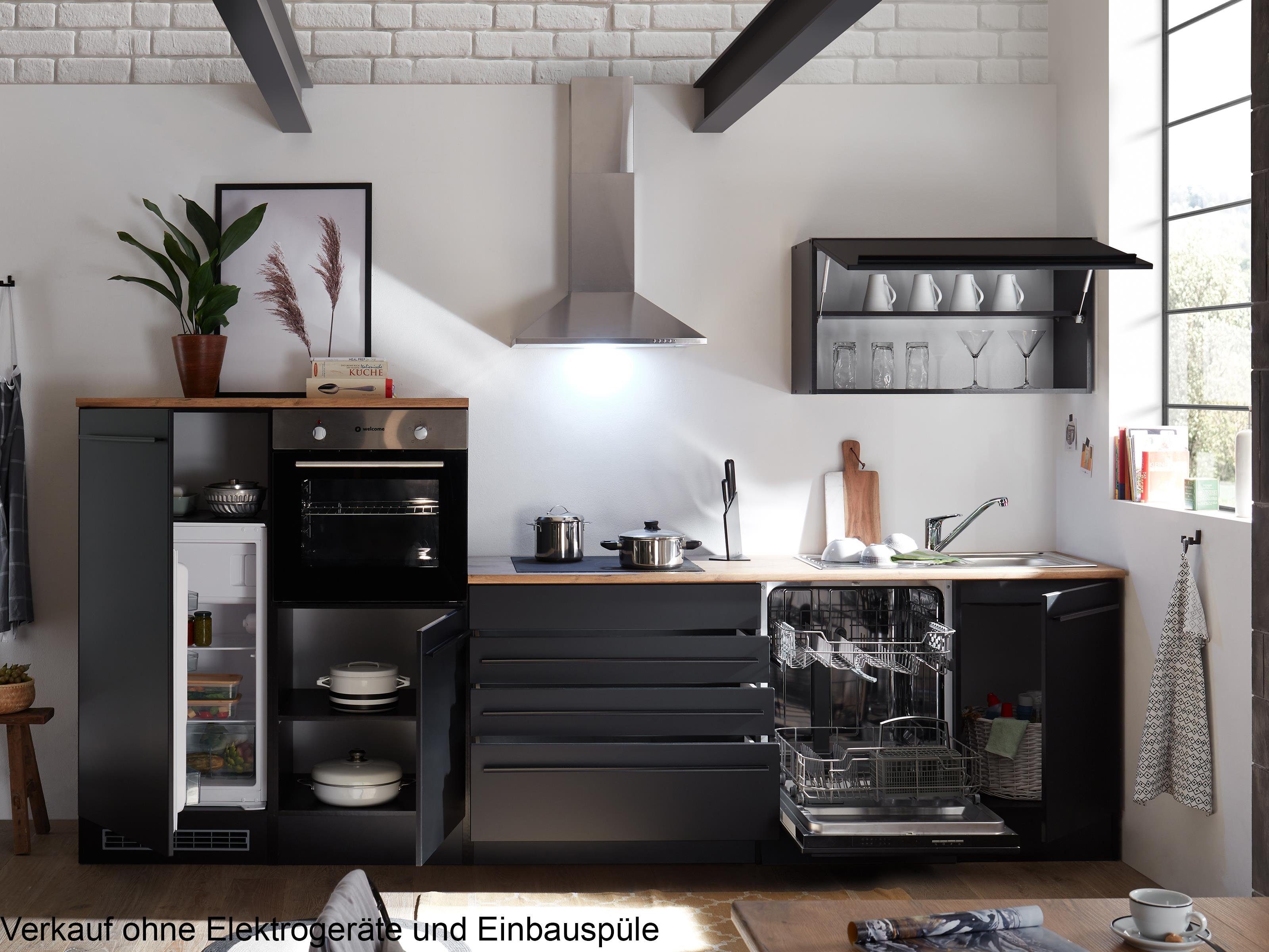 möbelando Küchenzeile Jamesy, ohne Elektrogeräte in schwarz matt / Eiche – günstig online kaufen