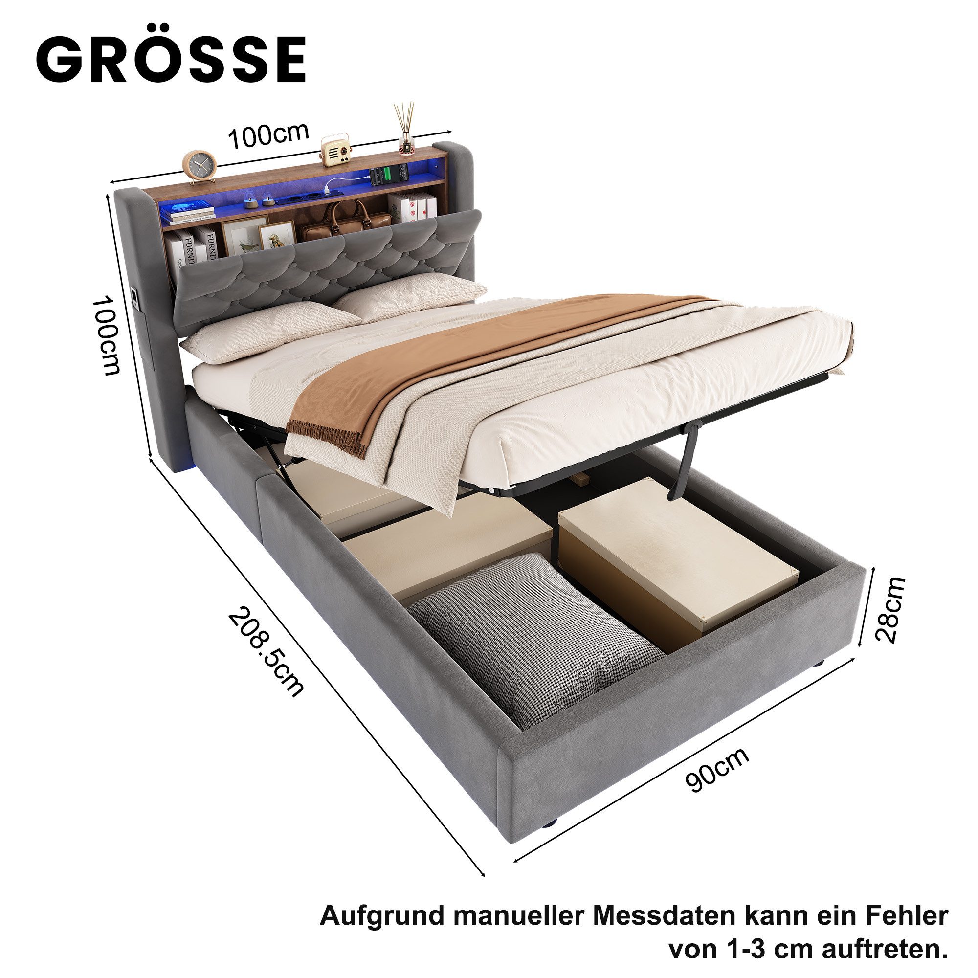 STILVORA Polsterbett 90×190 mit bettkasten,Funktionbett Jugenbett mit Stauram & Steckdose (Hochdichter Lattenrost, Metall-Querstrebe,Gepolstertes Kopfteil, Mode – Bild 5 von 5