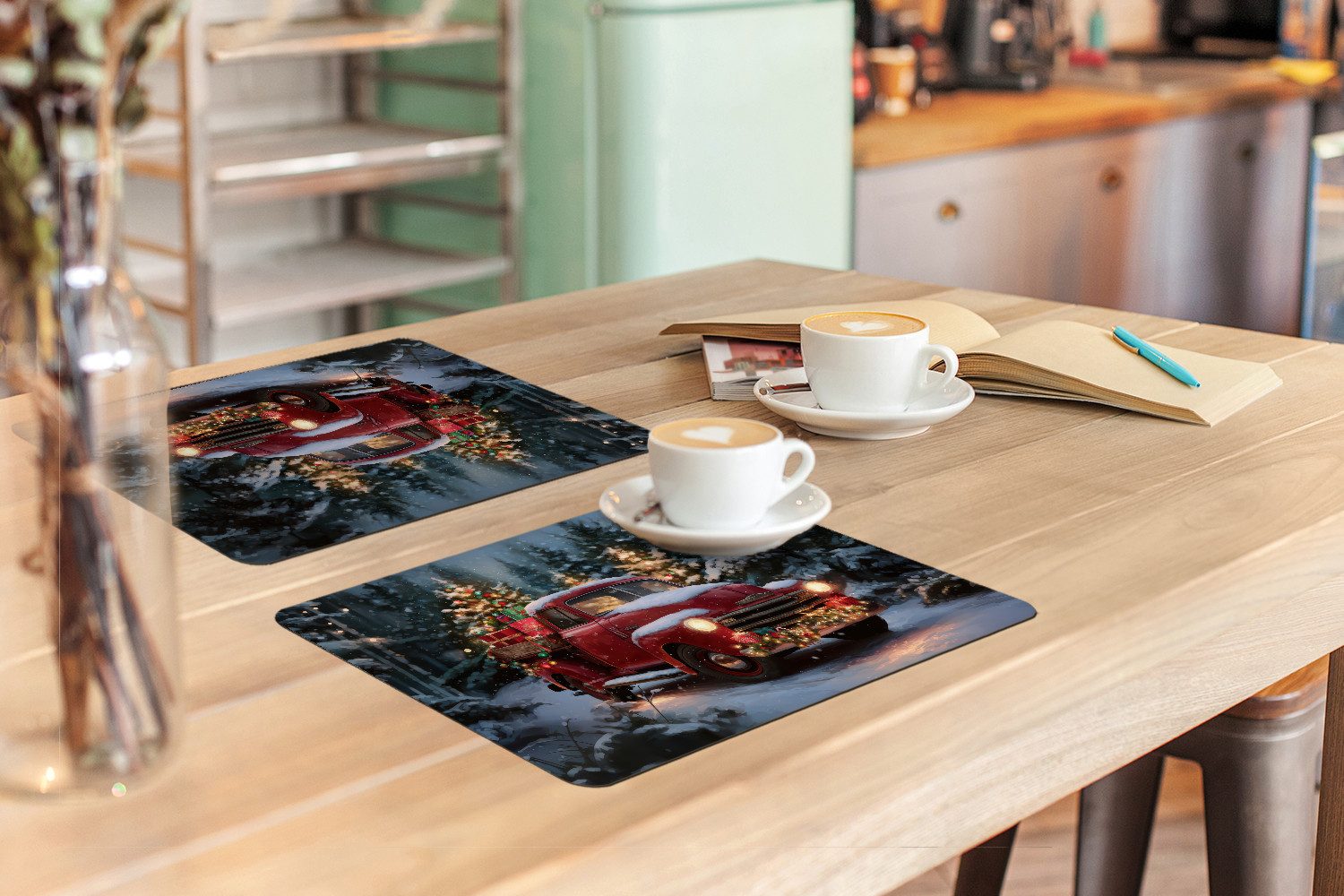 MuchoWow Platzset Weihnachts-LKW - Schneewald - Rot, (6-St), Platzsets, Tischset, Abwaschbar, Tischsets, Platzdeckchen