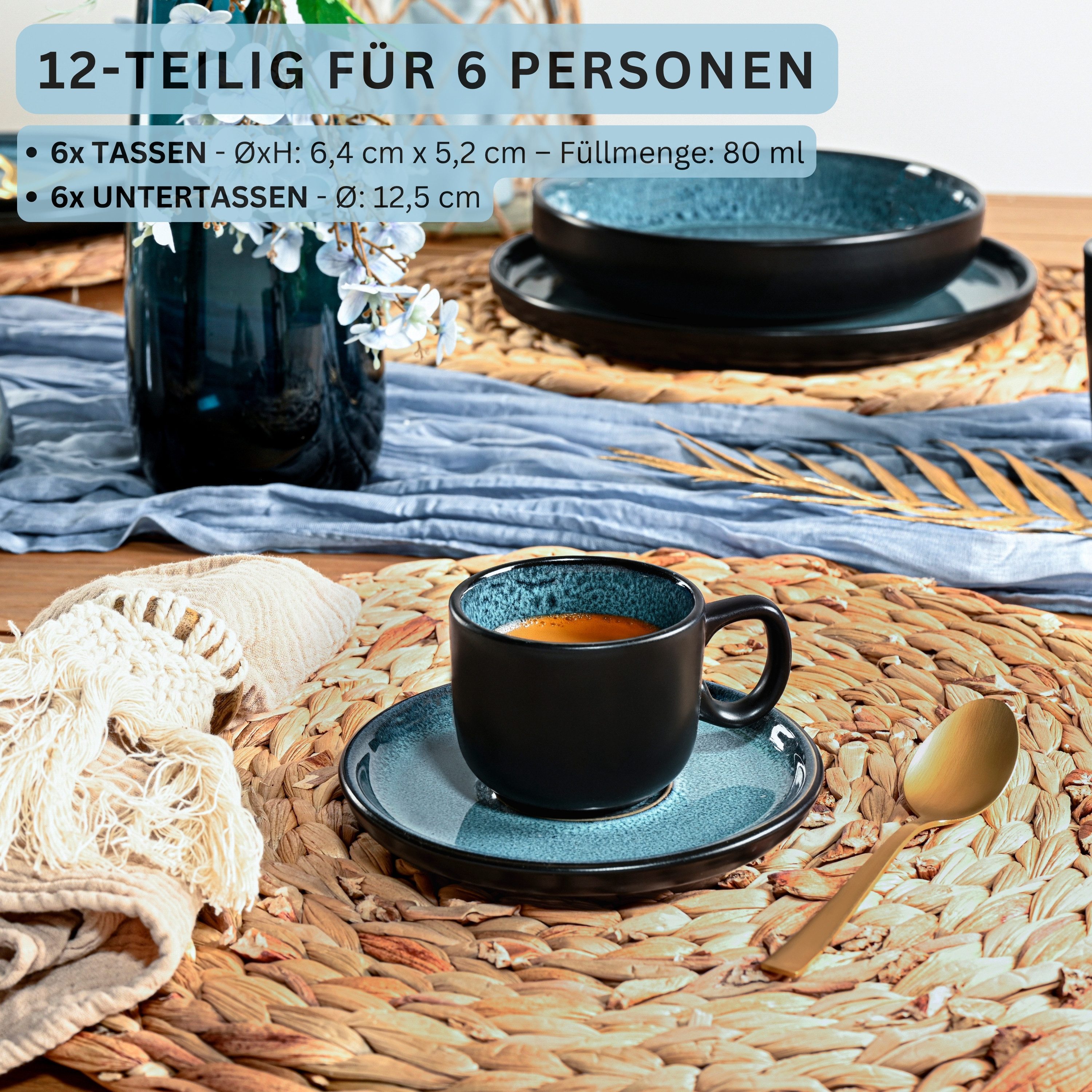 SÄNGER Espressotasse Vigo, 12-tlg., Steingut, Blau-Schwarz, 80 ml, Erweiterbar, Handmade, VALUE COLLECTION