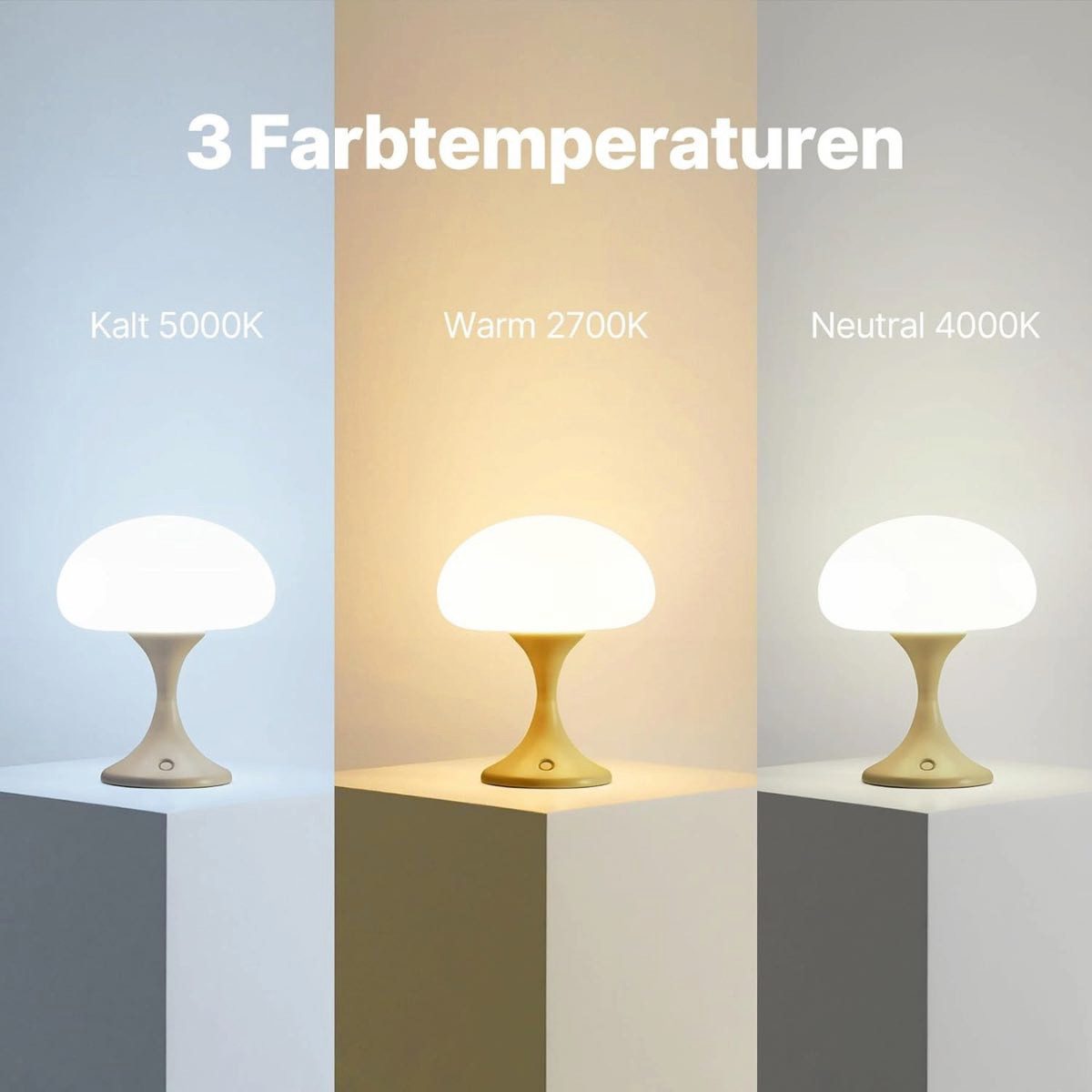 EVERY LED Tischleuchte Pilzlampe Nachttischlampe Touch-Funktion Aufladbar Dimmbar Kabellos, LED fest integriert, Kaltweiß, Neutralweiß, Warmweiß, Opalglas Metallbasis, Stufenlose Dimmung zum Lesen Arbeiten Entspannen
