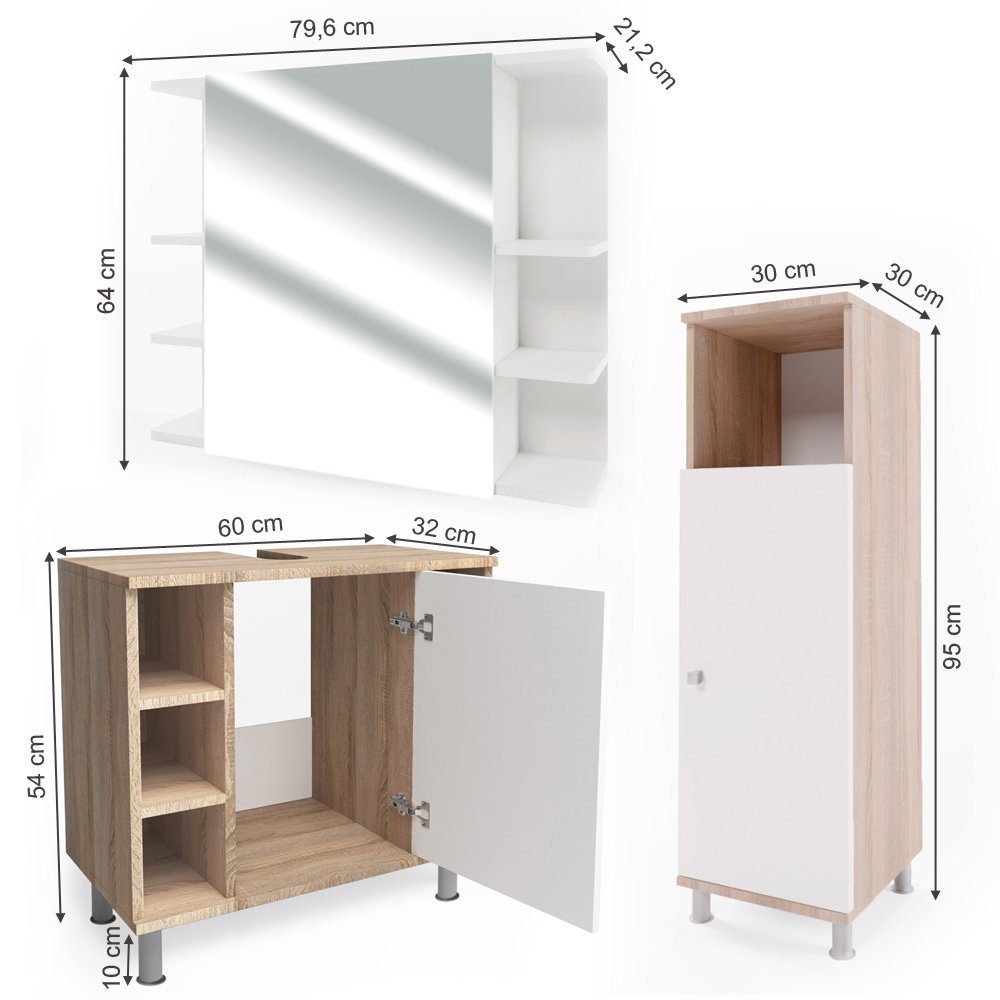 (3-er Badezimmerset Sonoma Badmöbel-Set Set) Vicco 3-er Set, 2, FYNN 3-St., Set