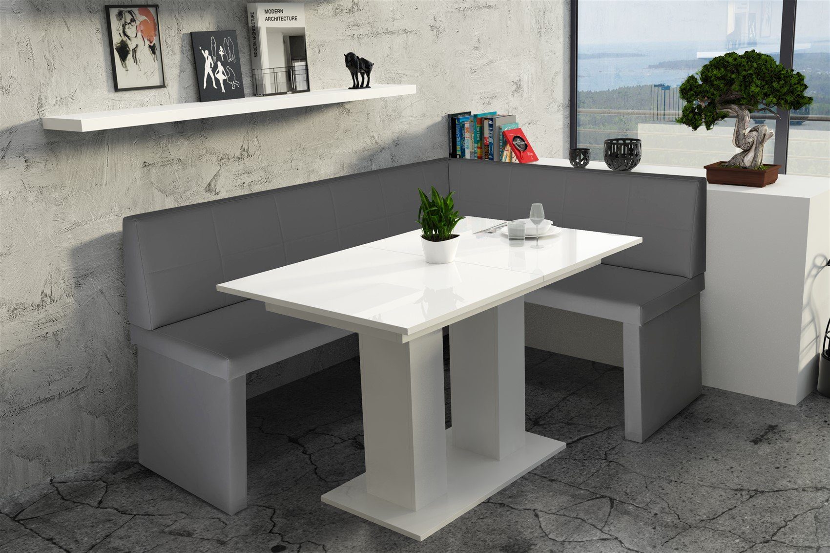 Möbel XL“ ausziehbarer Eckbankgruppe Fun Grau Weiß 196x142cm mit Kunstleder Tisch Hochglanz, Tisch Eckbankgruppe „Robin