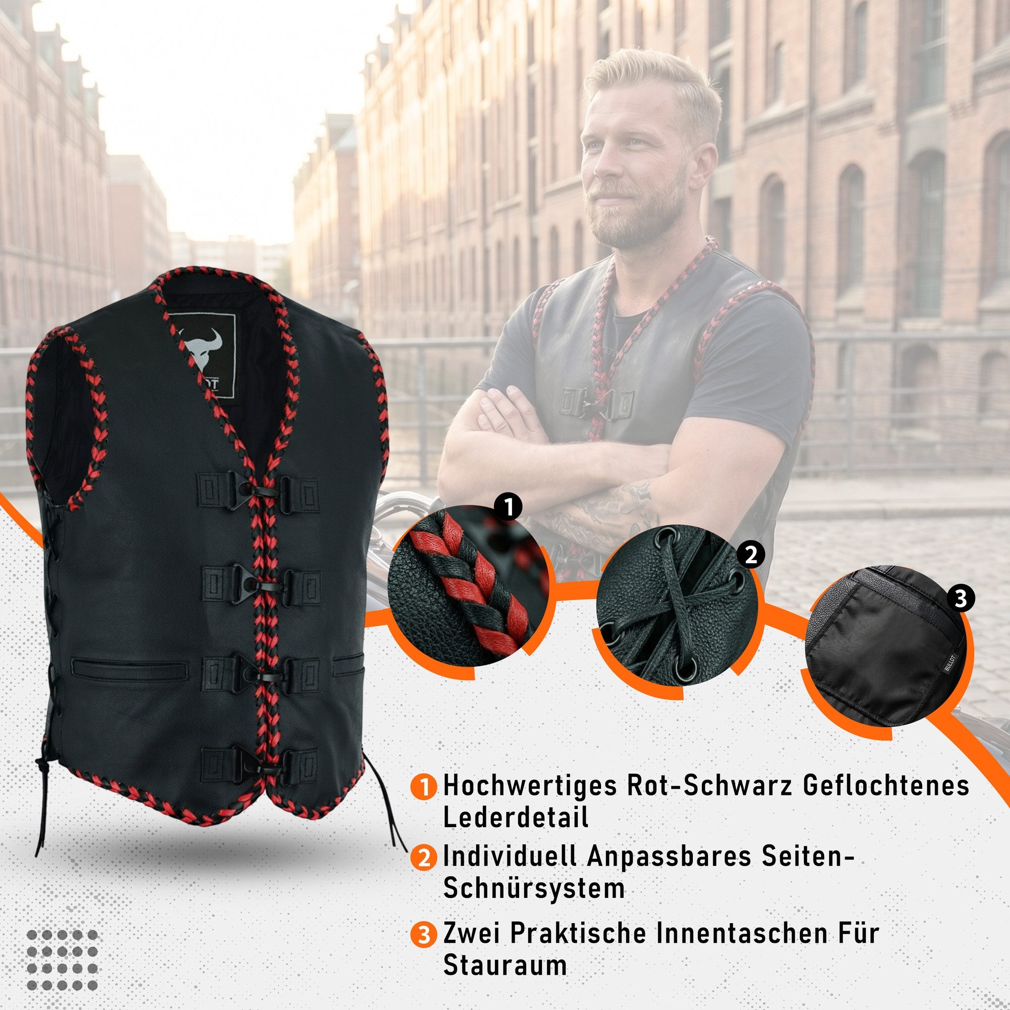 BULLDT Motorradweste BLD699 Leder Motorrad Kutte Karabiner Lederweste Bikerweste Motorradweste