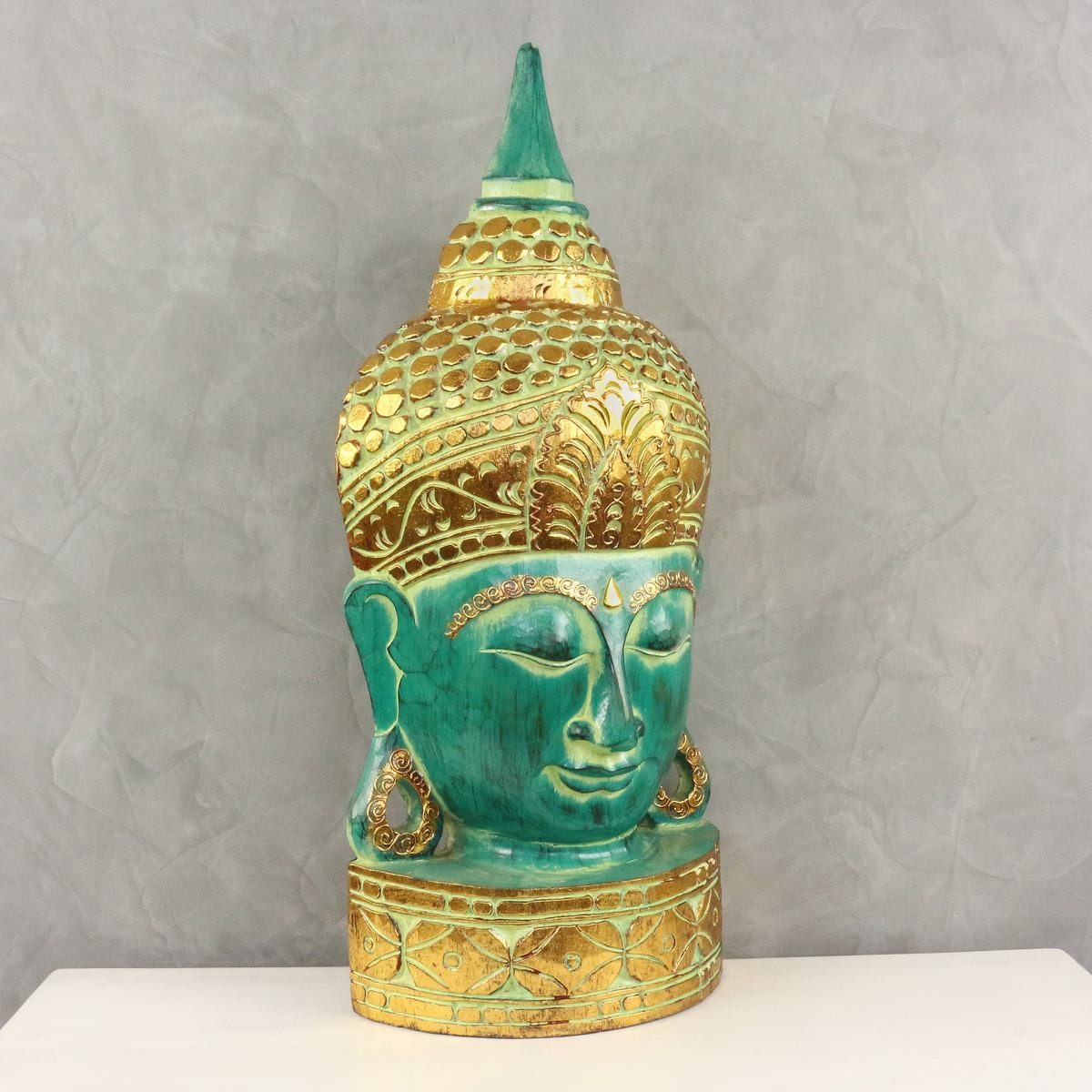 Oriental Galerie Dekofigur Buddha Büste in Grün Gold 70 cm (1 St), Skulptur, Figur, Holzbüste, Asiatische Dekoration