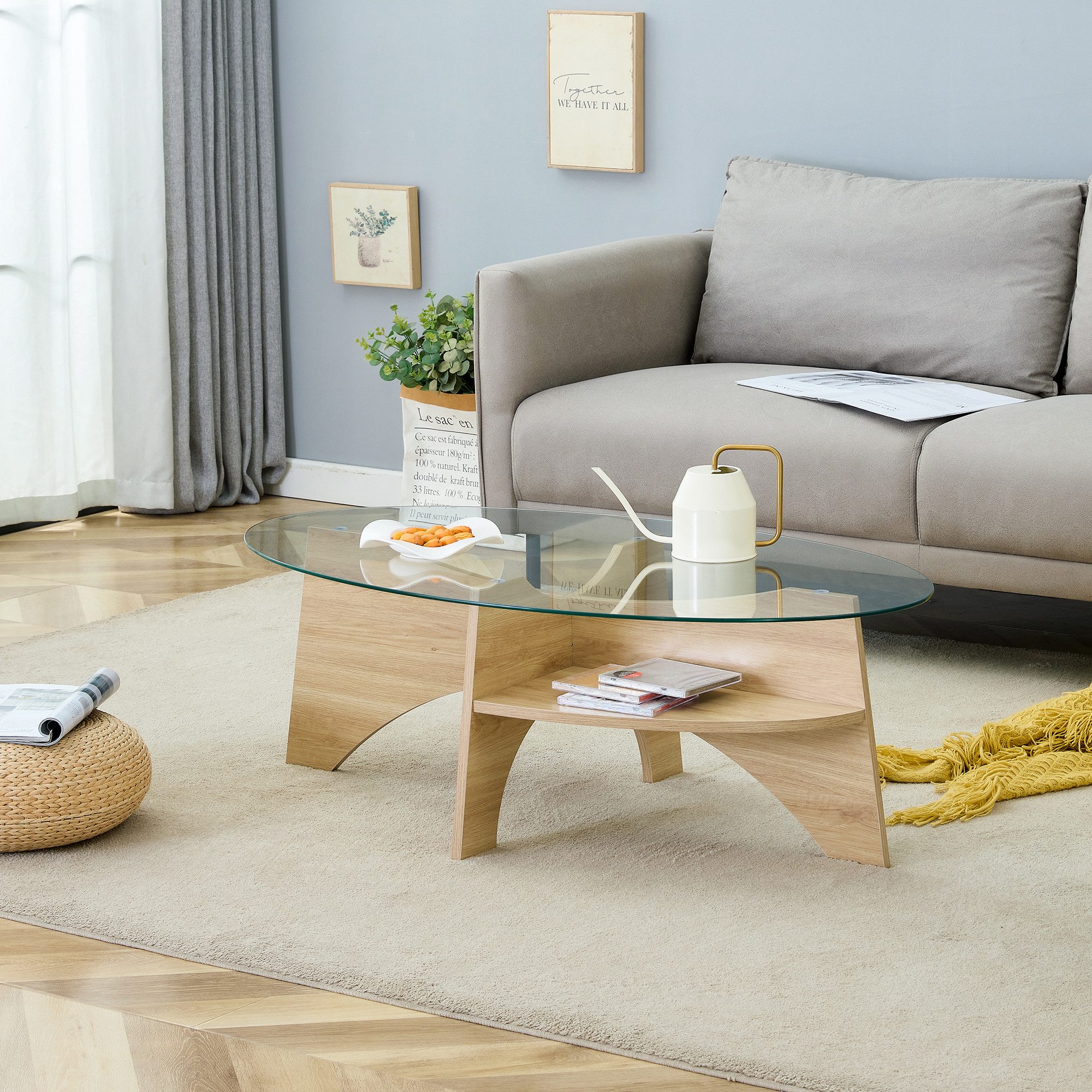 gopop Wohnzimmertisch oval aus Glas mit Stauraum, 6mm Glasstärke, 105x36cm (1-St), Moderner Couchtisch mit Holzgestell