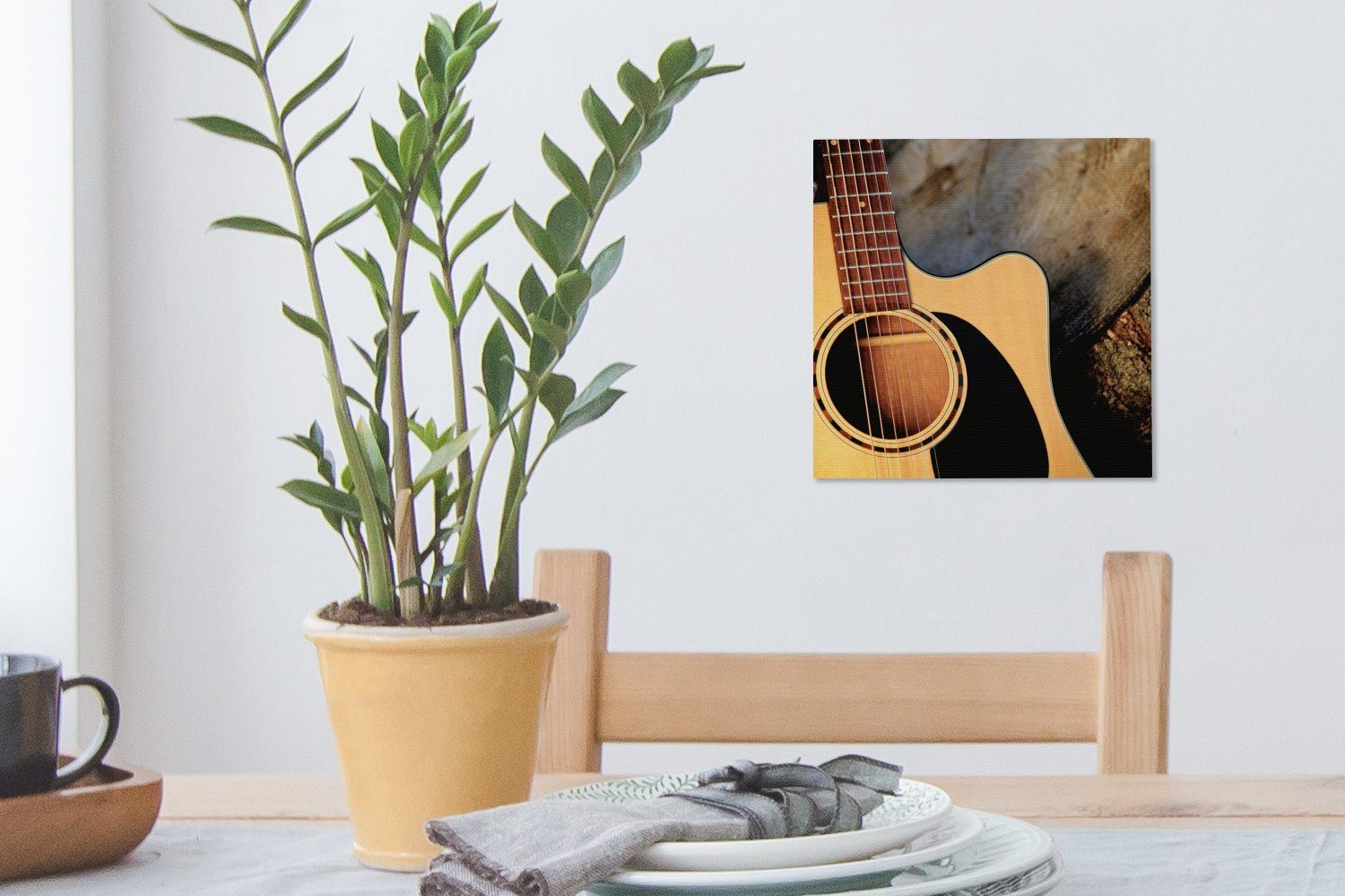 OneMillionCanvasses® Leinwandbild Eine akustische Schlafzimmer St), einem Wohnzimmer Leinwand auf (1 für Holzsockel, Bilder Gitarre