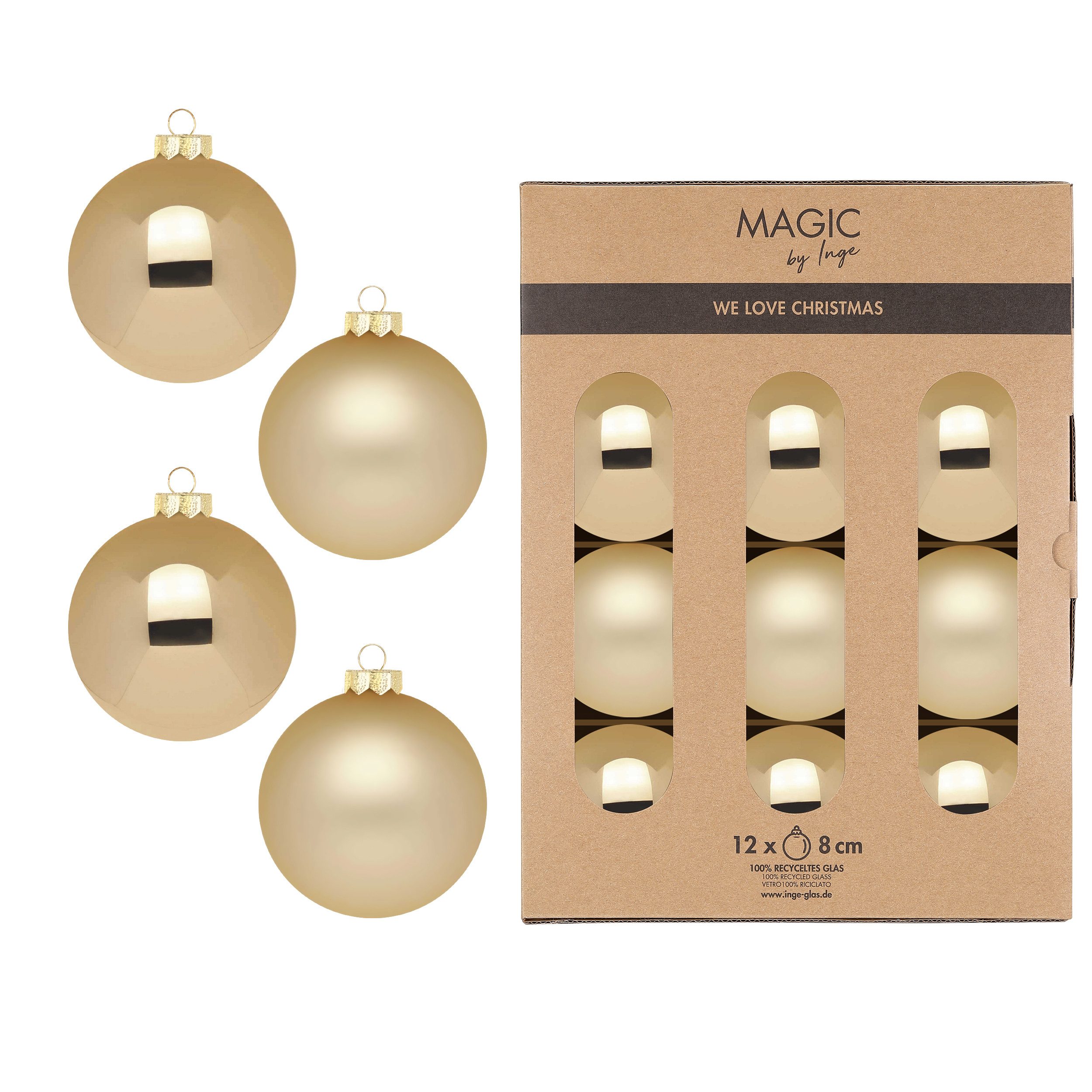 INGE-GLAS® Weihnachtsbaumkugel Christbaumkugeln Weihnachtskugeln Glas Ø 8 cm 12 Stück brokatgold