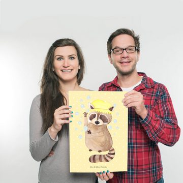 Mr. & Mrs. Panda Poster DIN A3 Waschbär - Gelb Pastell - Geschenk, Poster, Wandposter, Bild, Waschbär (1 St), Lebensfrohes Design