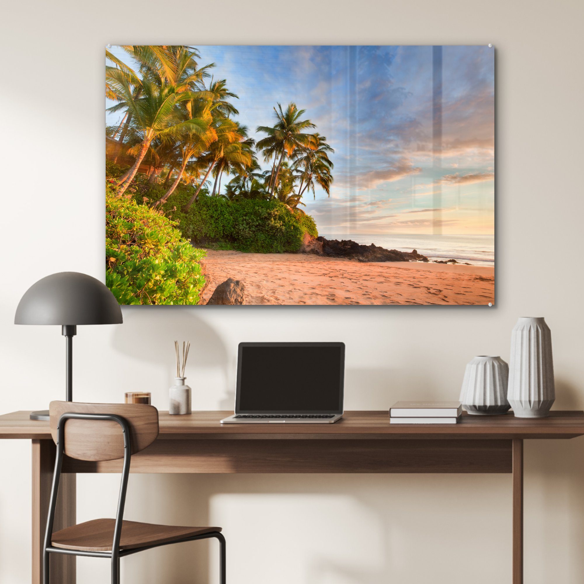 MuchoWow Acrylglasbild Palmen am Schlafzimmer & Strand Maui bei von Acrylglasbilder (1 Wohnzimmer St), Sonnenuntergang