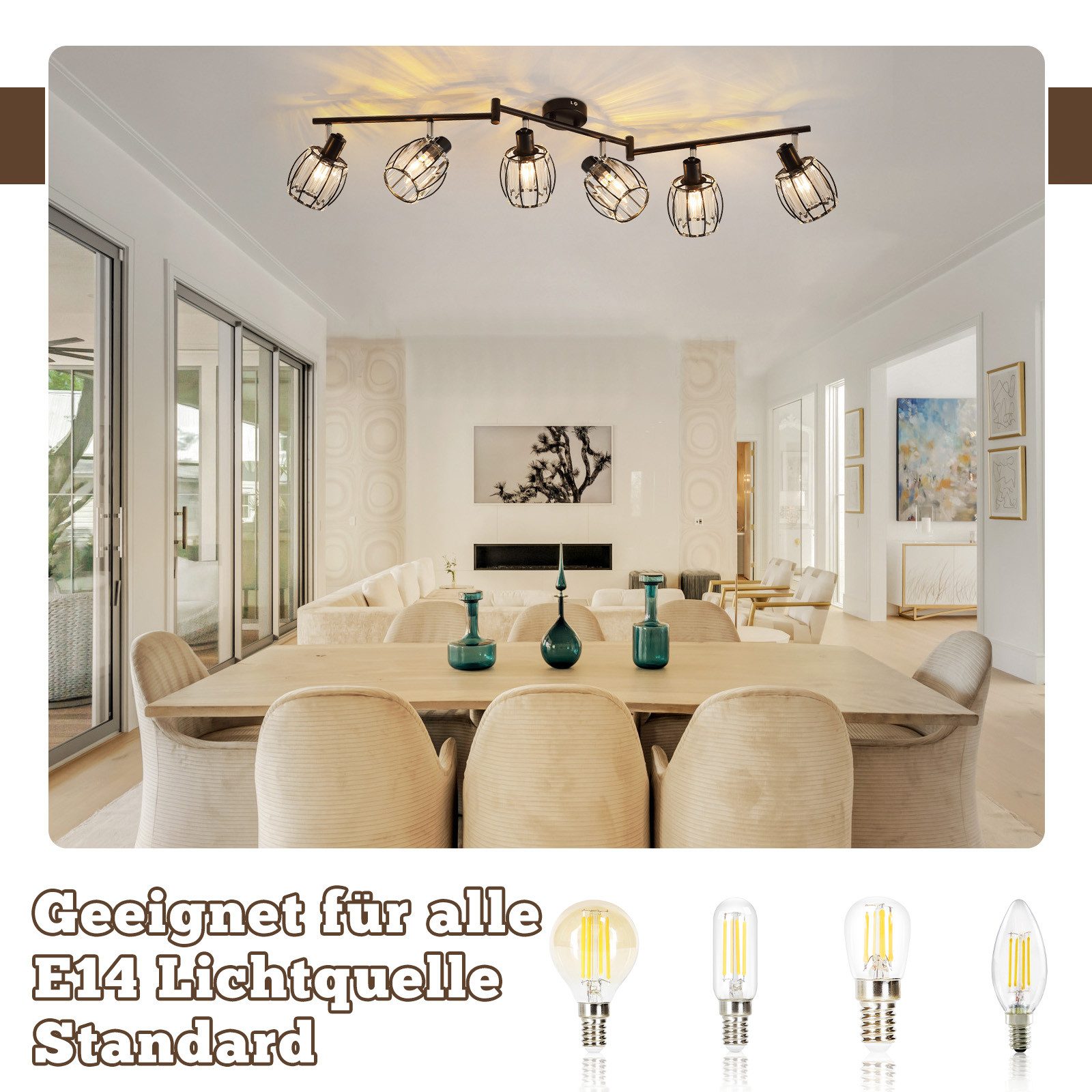 Zmh Faretto Da Soffitto Retrò 6 Fiamme E14 Paralume Cristallo Per Hotel-image