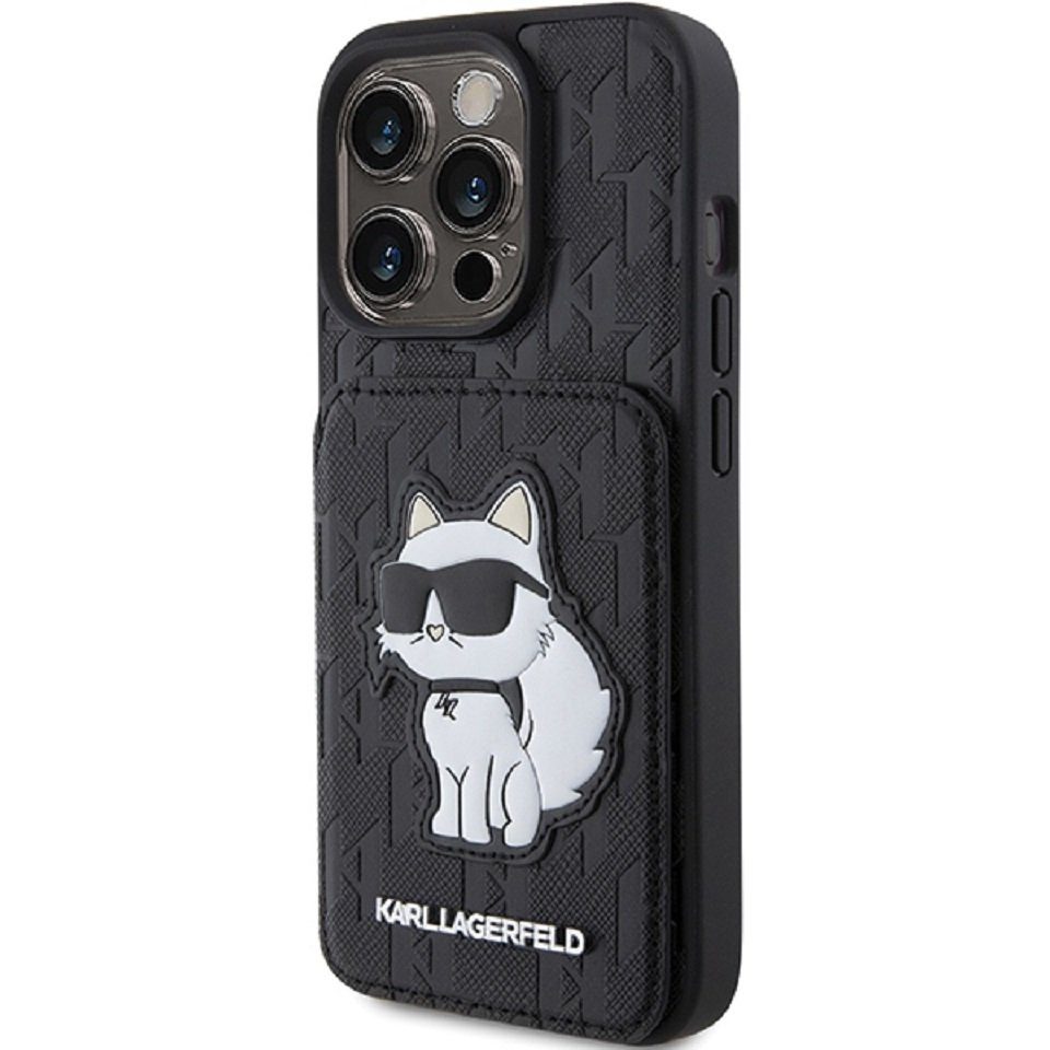 KARL LAGERFELD Handyhülle Case iPhone 15 Pro Max aufstellbar Katze Kunstleder schwarz 6,7 Zoll, Kantenschutz