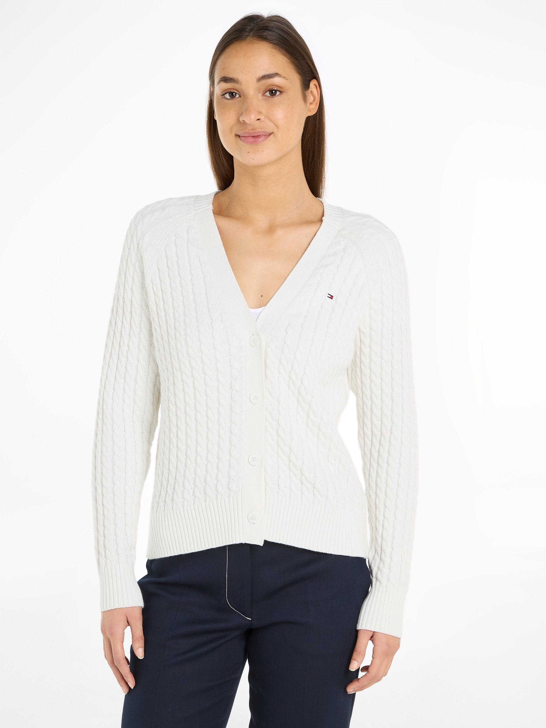 Tommy Hilfiger Strickjacke CO CABLE V-NK CARDIGAN mit gestricktem Zopfmuster ecru