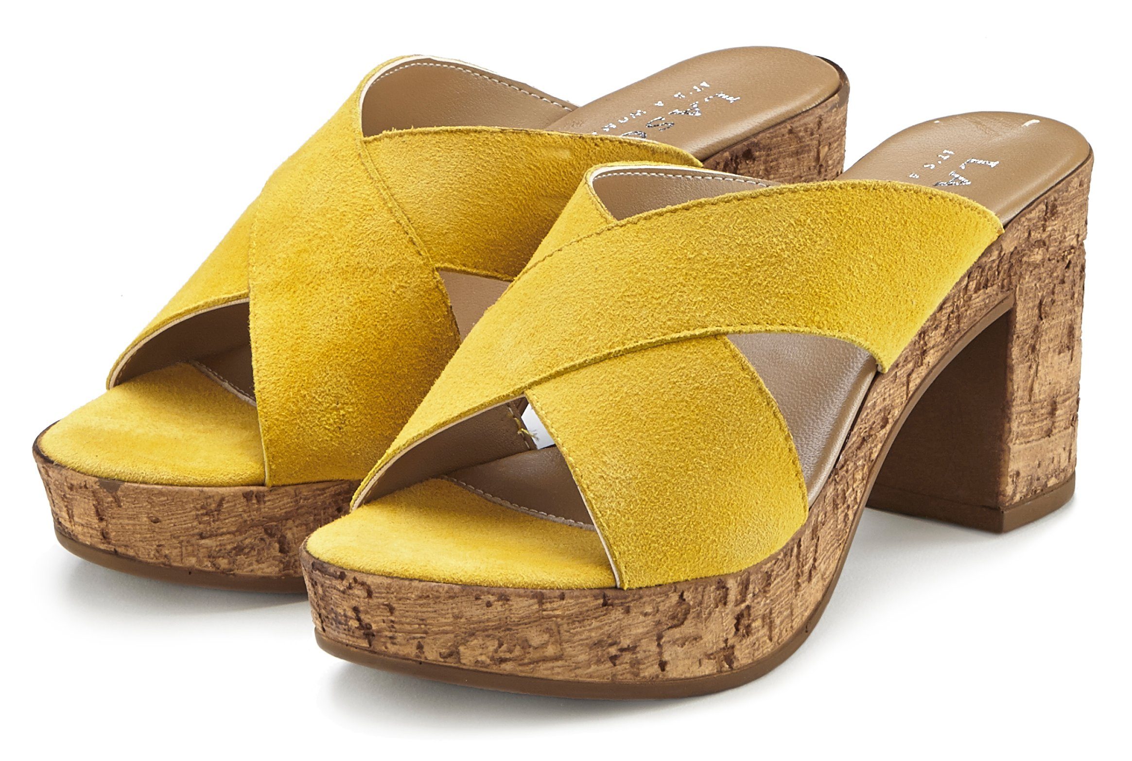 Sandale, Mule, LASCANA offener gelb mit Blockabsatz Leder Schuh Pantolette aus
