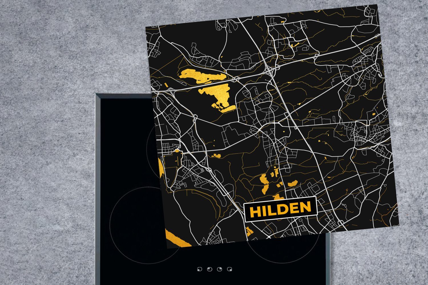 cm, MuchoWow Stadtplan Karte - Herdblende-/Abdeckplatte Hilden, für - Arbeitsplatte küche (1 tlg), - Vinyl, - 78x78 Ceranfeldabdeckung, Deutschland Gold