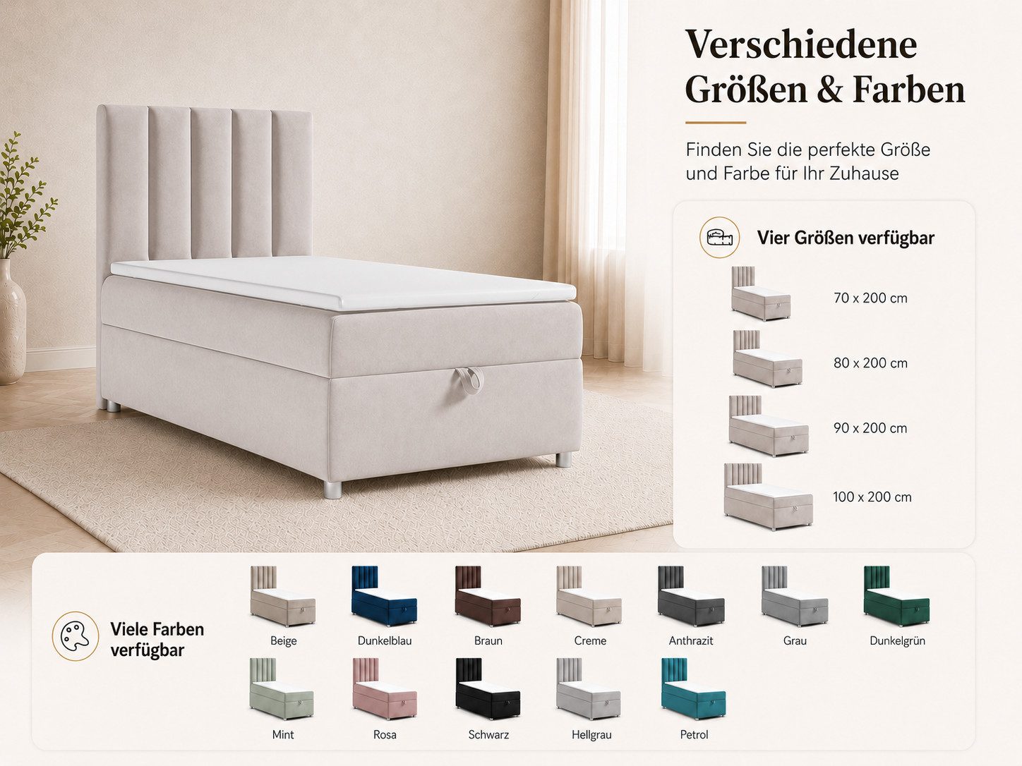 Best for Home Boxspringbett Trinity K10 SINGLE mit Bettkasten & Bonellfederkern, Komfort Topper H3 (Einzelbett, Polsterbett gepolstertes Kopfteil, Jugendbett, Kinderbett versch. Größen, 1-St., 70x200 80x200 90x200 100x200 cm), Stauraum unter dem Bett; Ergonomischer Schlafkomfort; Massivholzrahmen