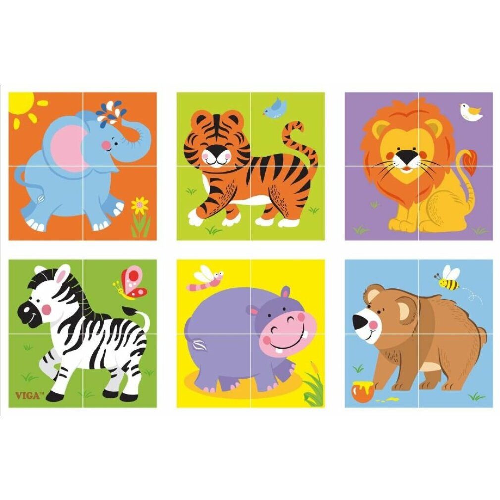 Viga® Holzspielzeug Viga 50836 4-teiliges 6-Seiten-Würfelpuzzle - Wildes Tier Spielbausteine, (Packung)