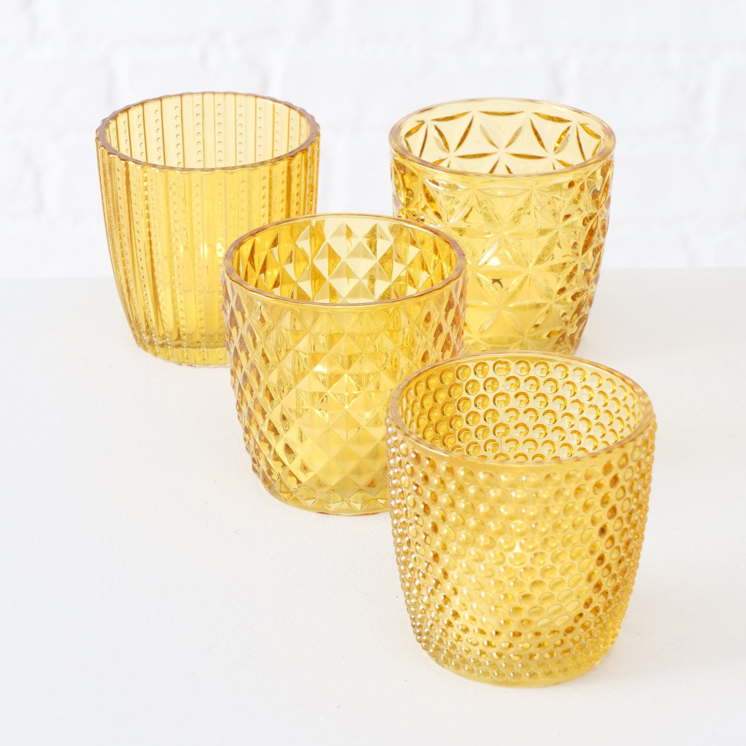 LS-LebenStil Teelichthalter 4´er Set Teelichtgläser Retro Gelb 7cm Glas Windlicht (4´er Set Kristall Ornament Windlicht für Teelichter, 4 St., Halter Kerzenständer Tischdeko Kerzenhalter Gläser für Teelichter), 7x7cm, 4´er Set Kristall Ornament Windlicht für Teelichter